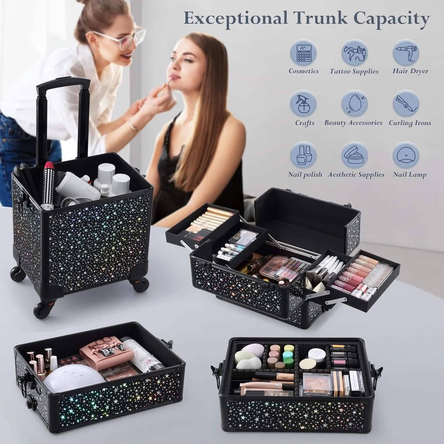 Stagiant Rolling Makeup Case Cosmetology Case on Wheels 4 in 1 Large Makeup Travel Case Nail Kits Organizer Train Case with Key Make Up Artist Salon Storage Traveling Cart Trunk Black Star