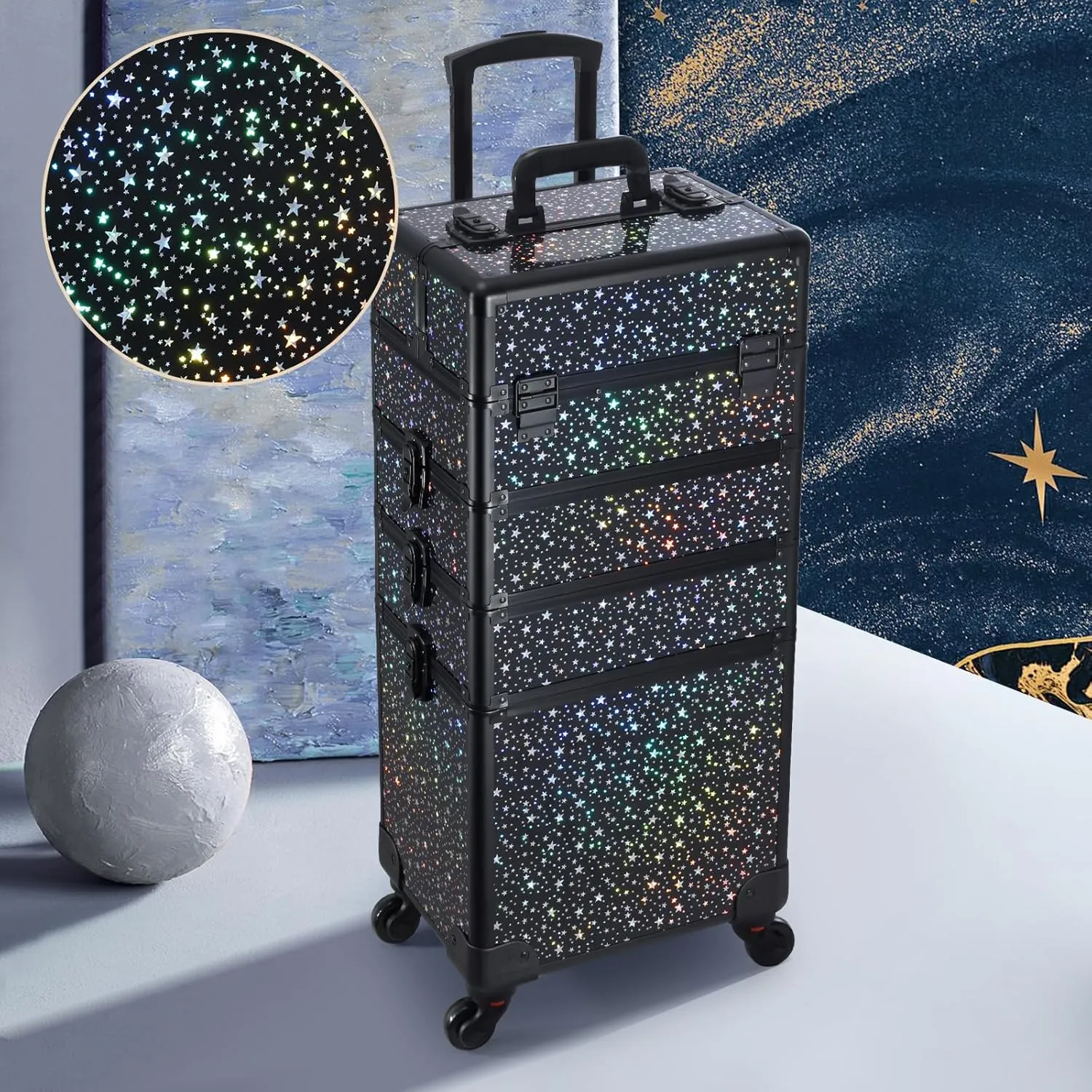 Stagiant Rolling Makeup Case Cosmetology Case on Wheels 4 in 1 Large Makeup Travel Case Nail Kits Organizer Train Case with Key Make Up Artist Salon Storage Traveling Cart Trunk Black Star