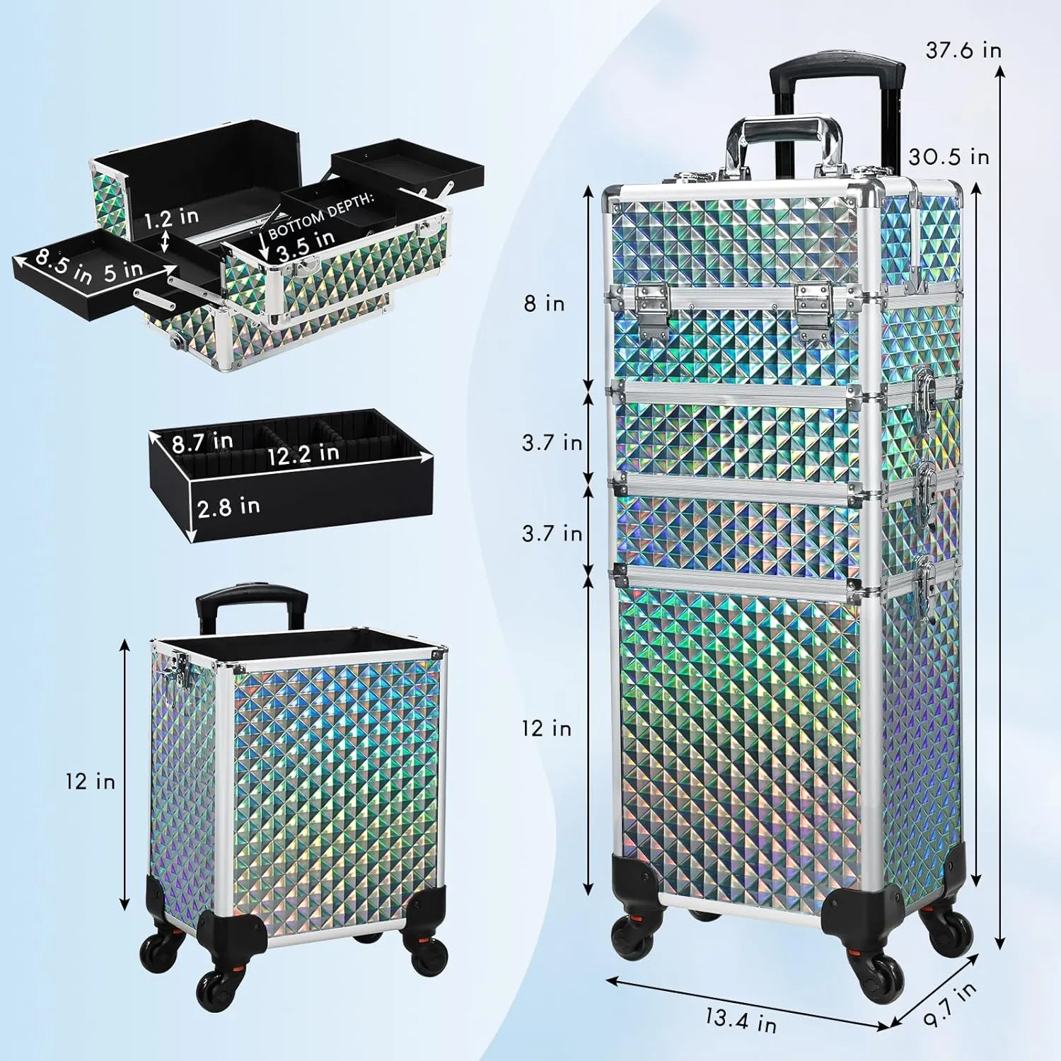 Stagiant Rolling Makeup Case Cosmetology Case on Wheels 4 in 1 Makeup Travel Case Large Cosmetic Organizer Storage with Key Swivel Wheels Nail Artist Salon Traveling Cart Trunk Watery Blue