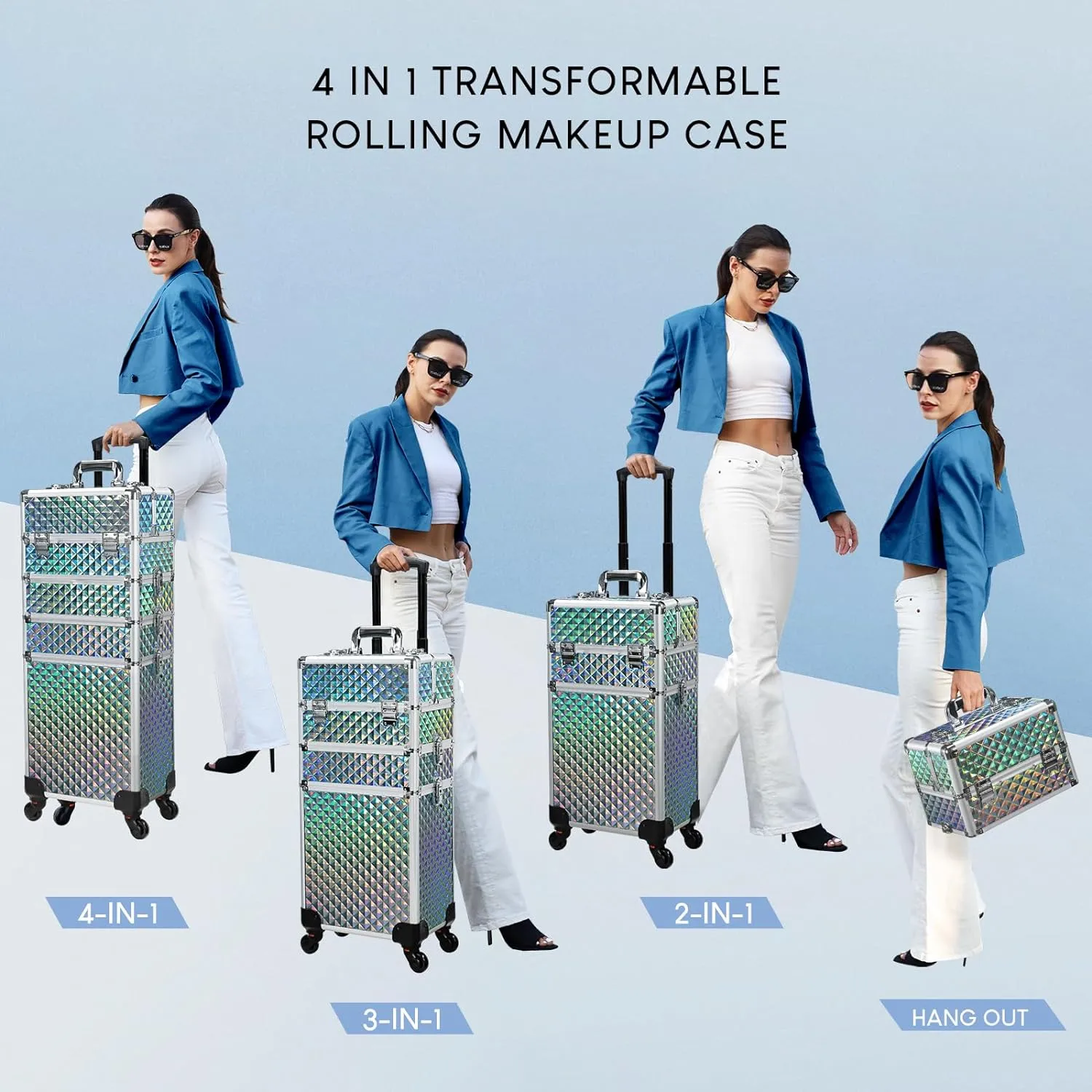 Stagiant Rolling Makeup Case Cosmetology Case on Wheels 4 in 1 Makeup Travel Case Large Cosmetic Organizer Storage with Key Swivel Wheels Nail Artist Salon Traveling Cart Trunk Watery Blue
