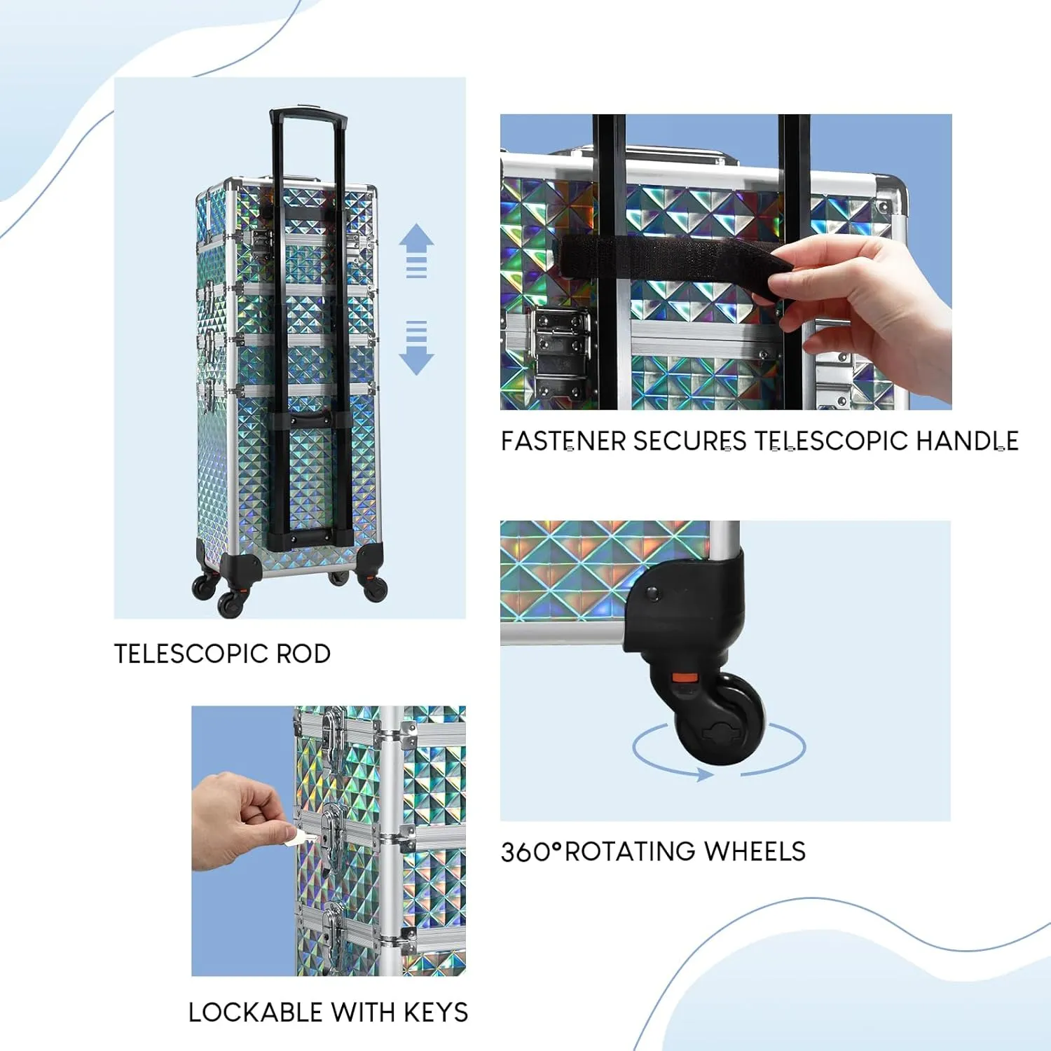 Stagiant Rolling Makeup Case Cosmetology Case on Wheels 4 in 1 Makeup Travel Case Large Cosmetic Organizer Storage with Key Swivel Wheels Nail Artist Salon Traveling Cart Trunk Watery Blue