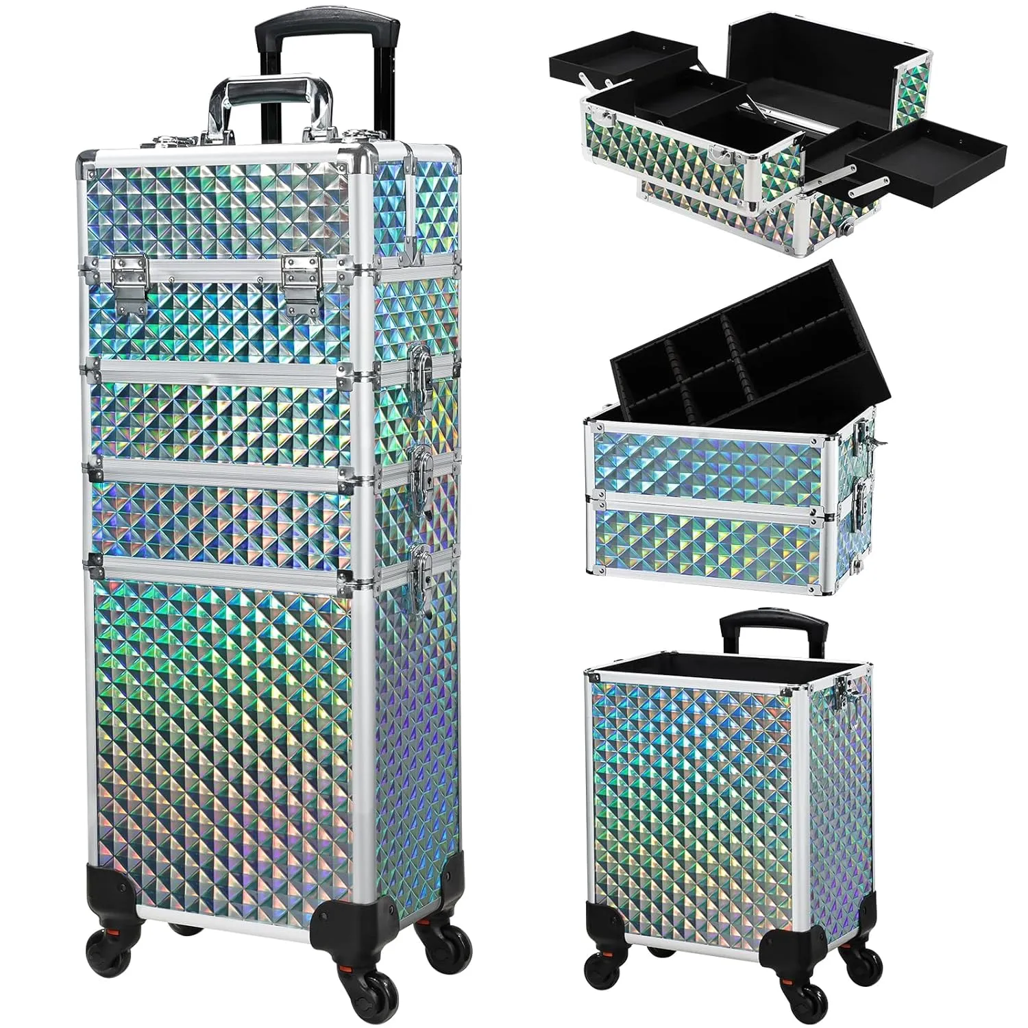Stagiant Rolling Makeup Case Cosmetology Case on Wheels 4 in 1 Makeup Travel Case Large Cosmetic Organizer Storage with Key Swivel Wheels Nail Artist Salon Traveling Cart Trunk Watery Blue