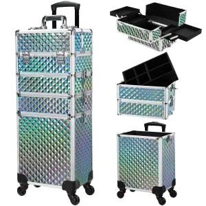 Stagiant Rolling Makeup Case Cosmetology Case on Wheels 4 in 1 Makeup Travel Case Large Cosmetic Organizer Storage with Key Swivel Wheels Nail Artist Salon Traveling Cart Trunk Watery Blue