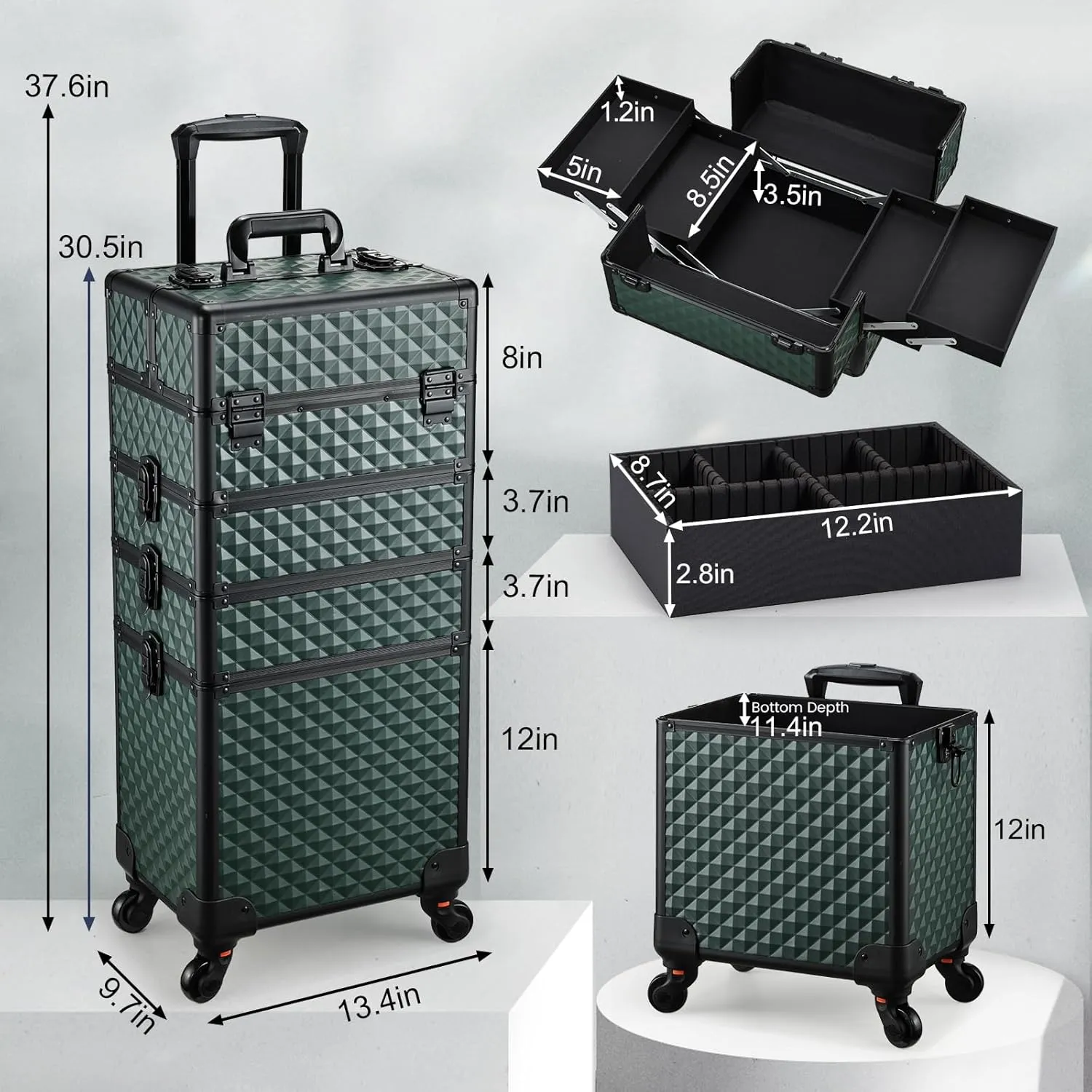 Stagiant Rolling Makeup Train Case Cosmetology Case on Wheels 4 in 1 Cosmetic Box Makeup Travel Case with Key Swivel Wheels Nail Artist Salon Barber StorageTraveling Cart Trunk Dark Green