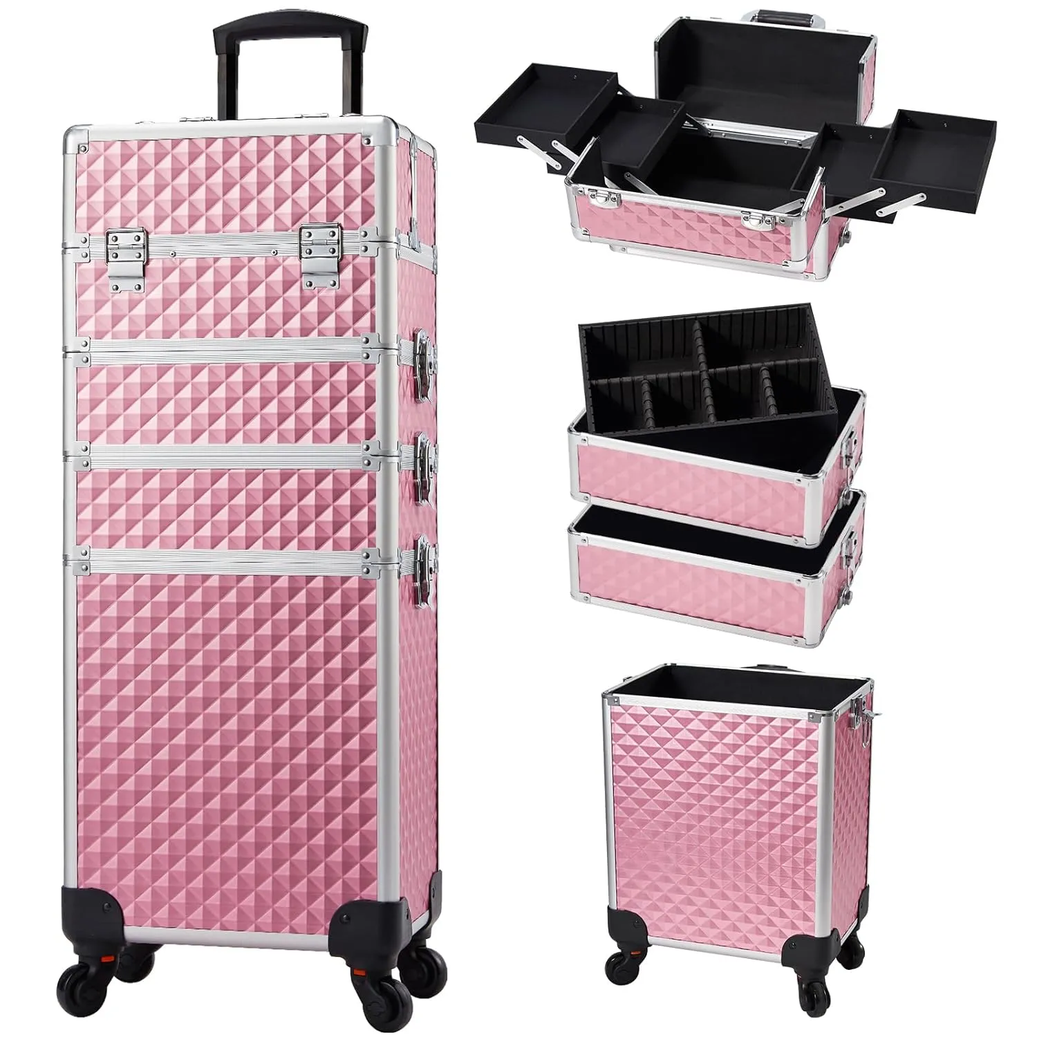 Stagiant Rolling Makeup Train Case Cosmetology Case on Wheels 4 in 1 Large Cosmetic Organizer Box Makeup Travel Case with Key Swivel Wheels Nail Artist Salon Storage Traveling Cart Big Trunk Pink