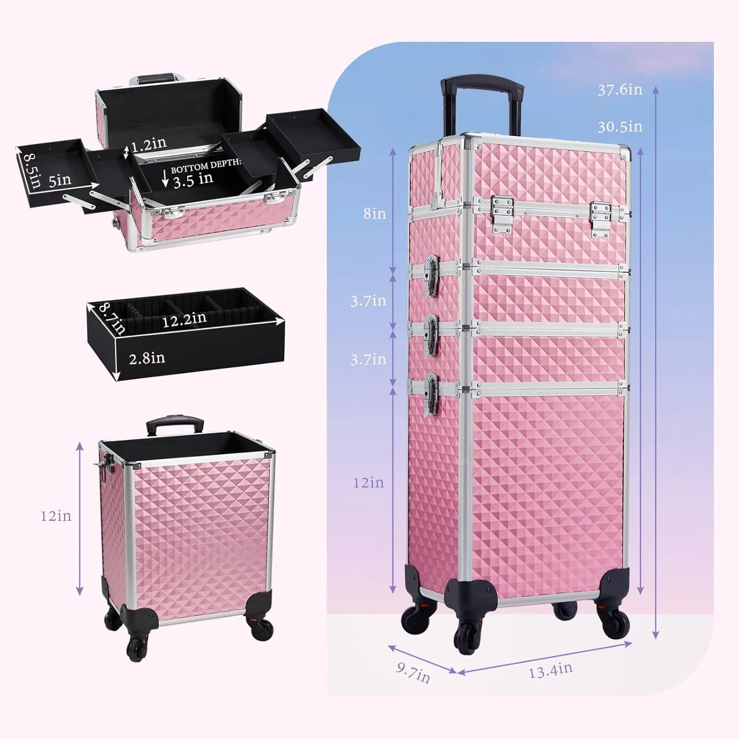 Stagiant Rolling Makeup Train Case Cosmetology Case on Wheels 4 in 1 Large Cosmetic Organizer Box Makeup Travel Case with Key Swivel Wheels Nail Artist Salon Storage Traveling Cart Big Trunk Pink