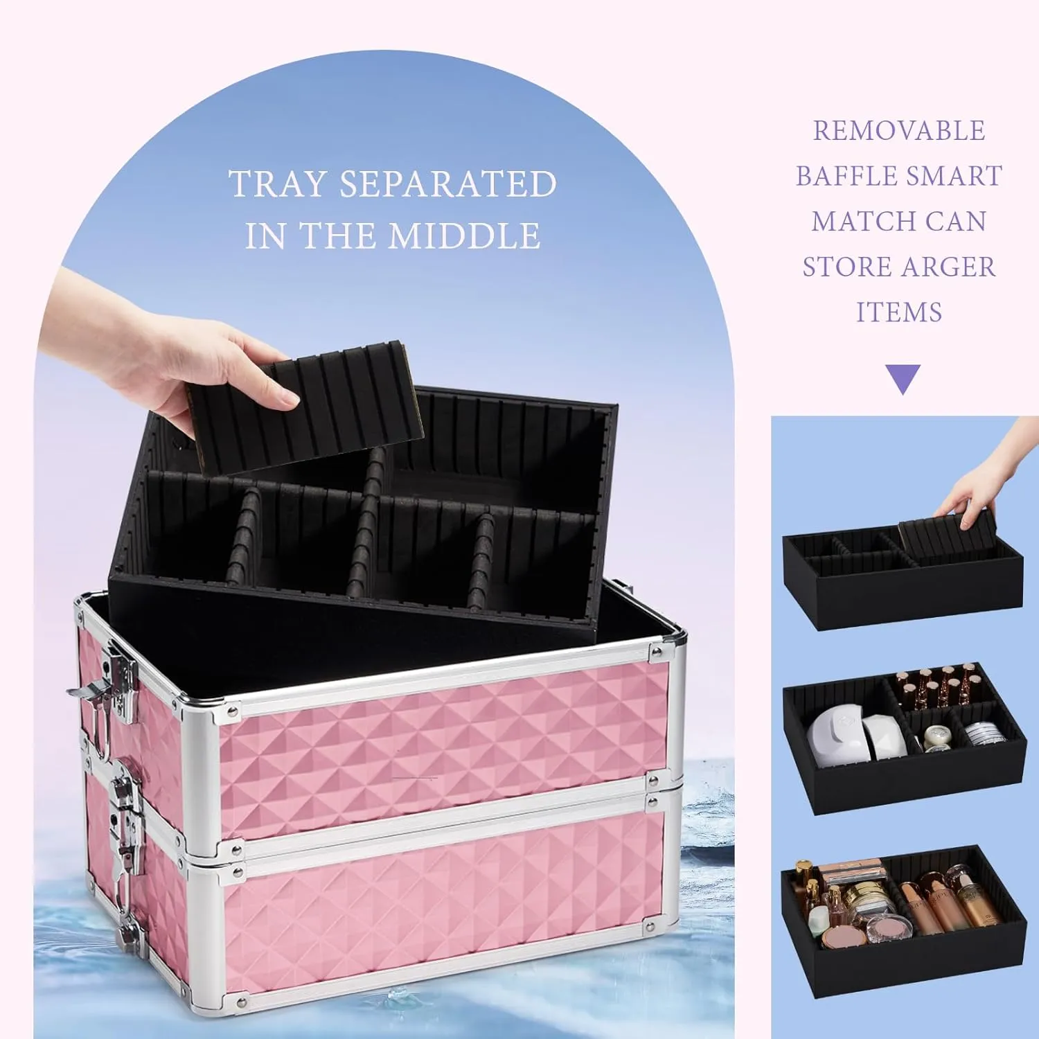 Stagiant Rolling Makeup Train Case Cosmetology Case on Wheels 4 in 1 Large Cosmetic Organizer Box Makeup Travel Case with Key Swivel Wheels Nail Artist Salon Storage Traveling Cart Big Trunk Pink