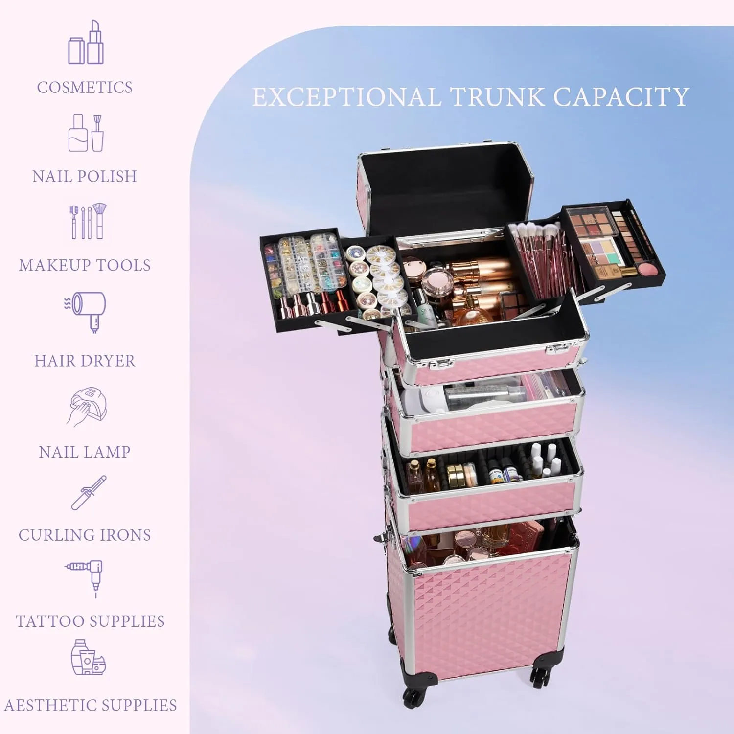 Stagiant Rolling Makeup Train Case Cosmetology Case on Wheels 4 in 1 Large Cosmetic Organizer Box Makeup Travel Case with Key Swivel Wheels Nail Artist Salon Storage Traveling Cart Big Trunk Pink
