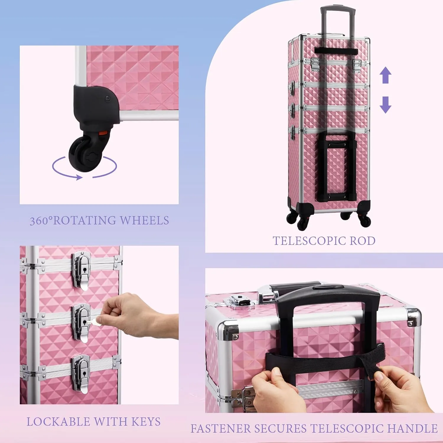 Stagiant Rolling Makeup Train Case Cosmetology Case on Wheels 4 in 1 Large Cosmetic Organizer Box Makeup Travel Case with Key Swivel Wheels Nail Artist Salon Storage Traveling Cart Big Trunk Pink