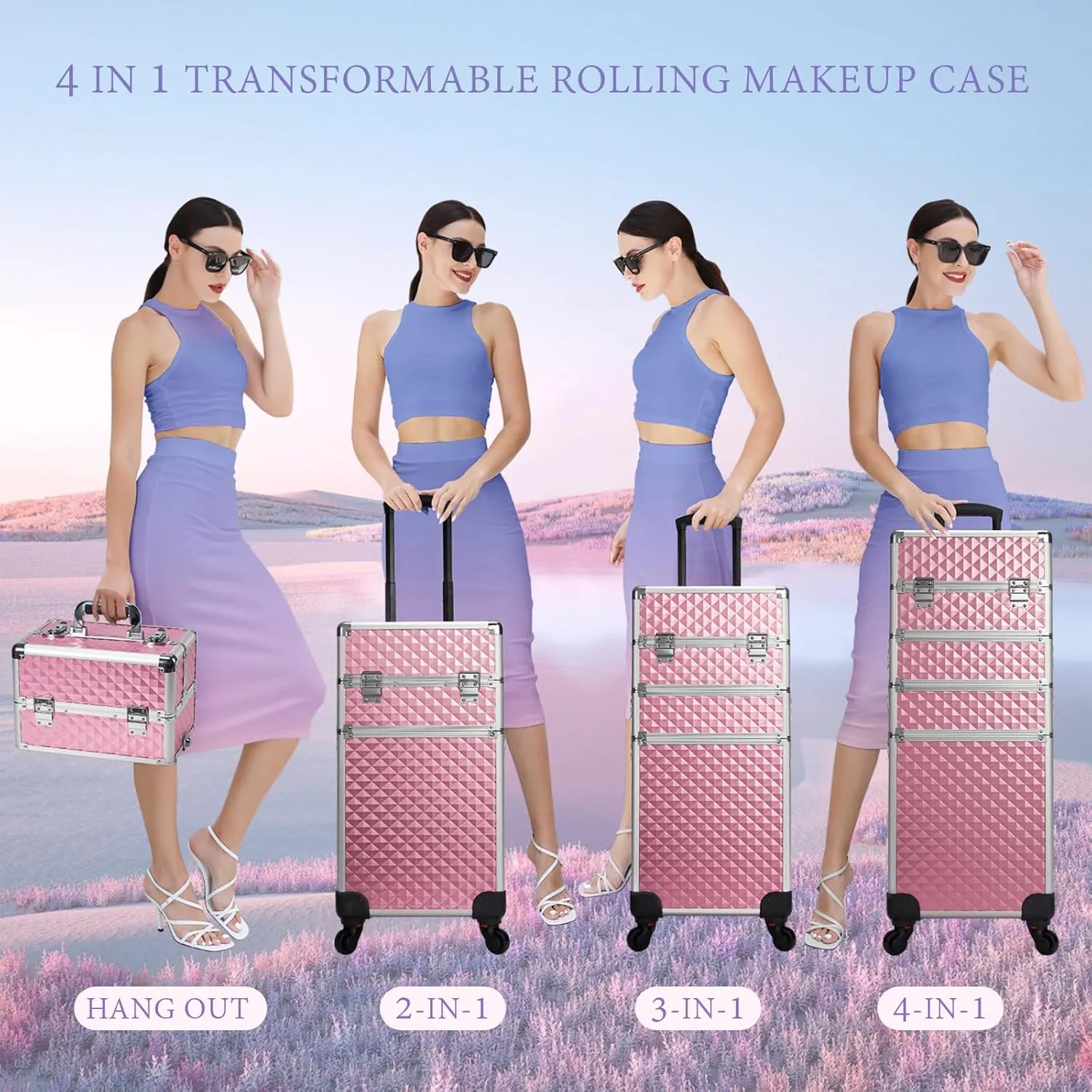Stagiant Rolling Makeup Train Case Cosmetology Case on Wheels 4 in 1 Large Cosmetic Organizer Box Makeup Travel Case with Key Swivel Wheels Nail Artist Salon Storage Traveling Cart Big Trunk Pink