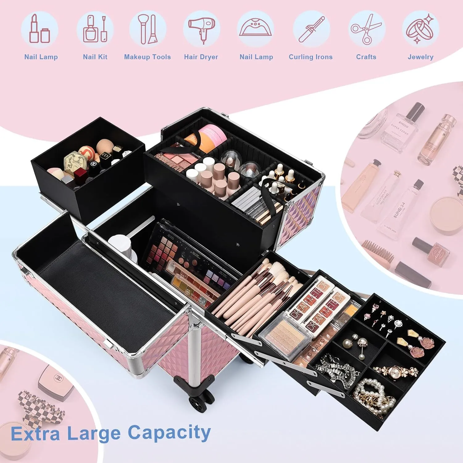Stagiant Rolling Makeup Train Case Large Storage Cosmetic Trolley 4 Tray with Sliding Rail Removable Middle Layer with Key Swivel Wheels Salon Barber Case Traveling Cart Trunk