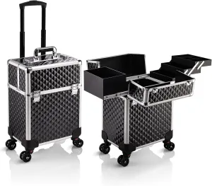 Stagiant Rolling Makeup Train Case Large Storage Cosmetic Trolley 4 Tray with Sliding Rail Removable Middle Layer with Key Swivel Wheels Salon Barber Case Traveling Cart Trunk