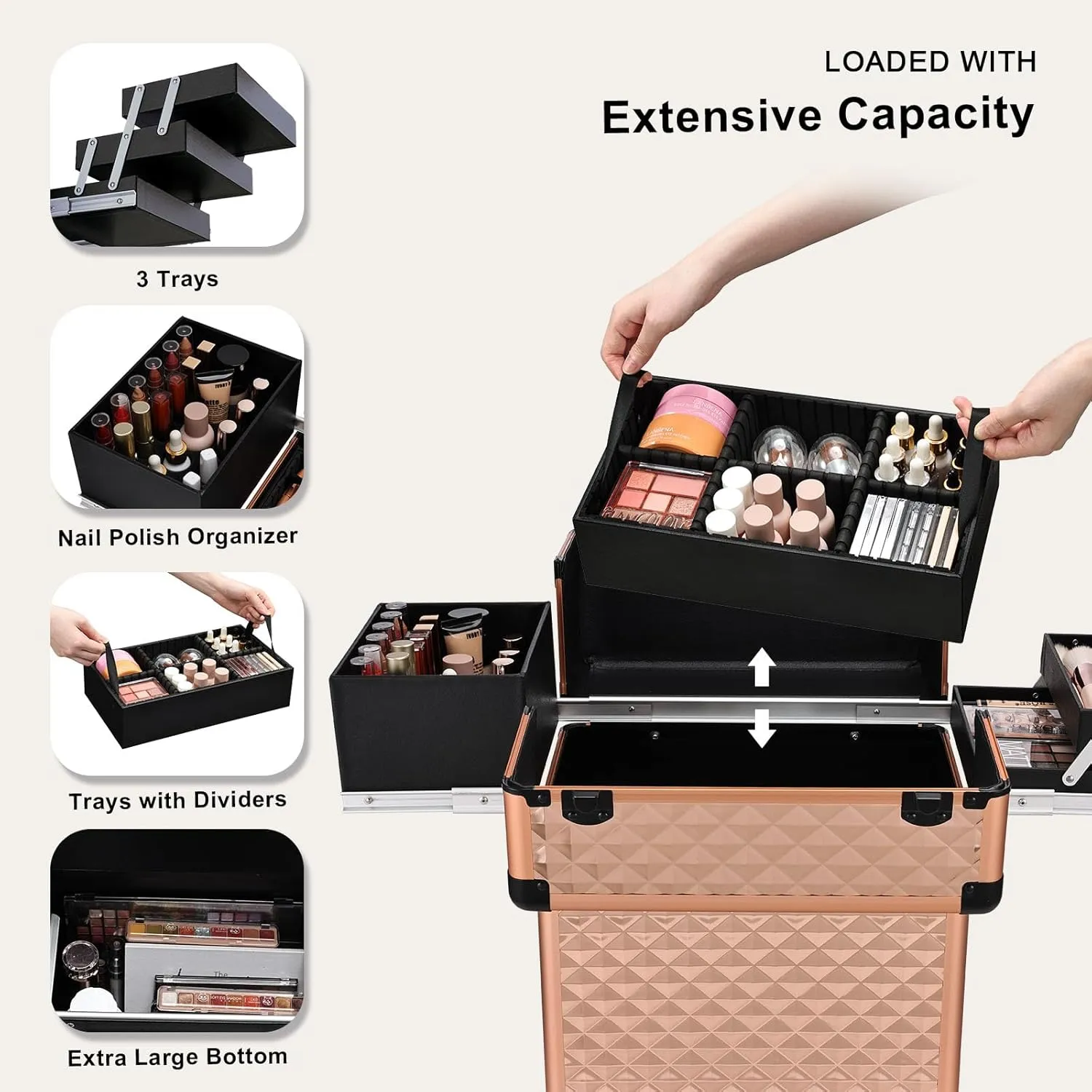 Stagiant Rolling Makeup Train Case Large Storage Cosmetic Trolley 4 Tray with Sliding Rail Removable Middle Layer with Key Swivel Wheels Salon Barber Case Traveling Cart Trunk