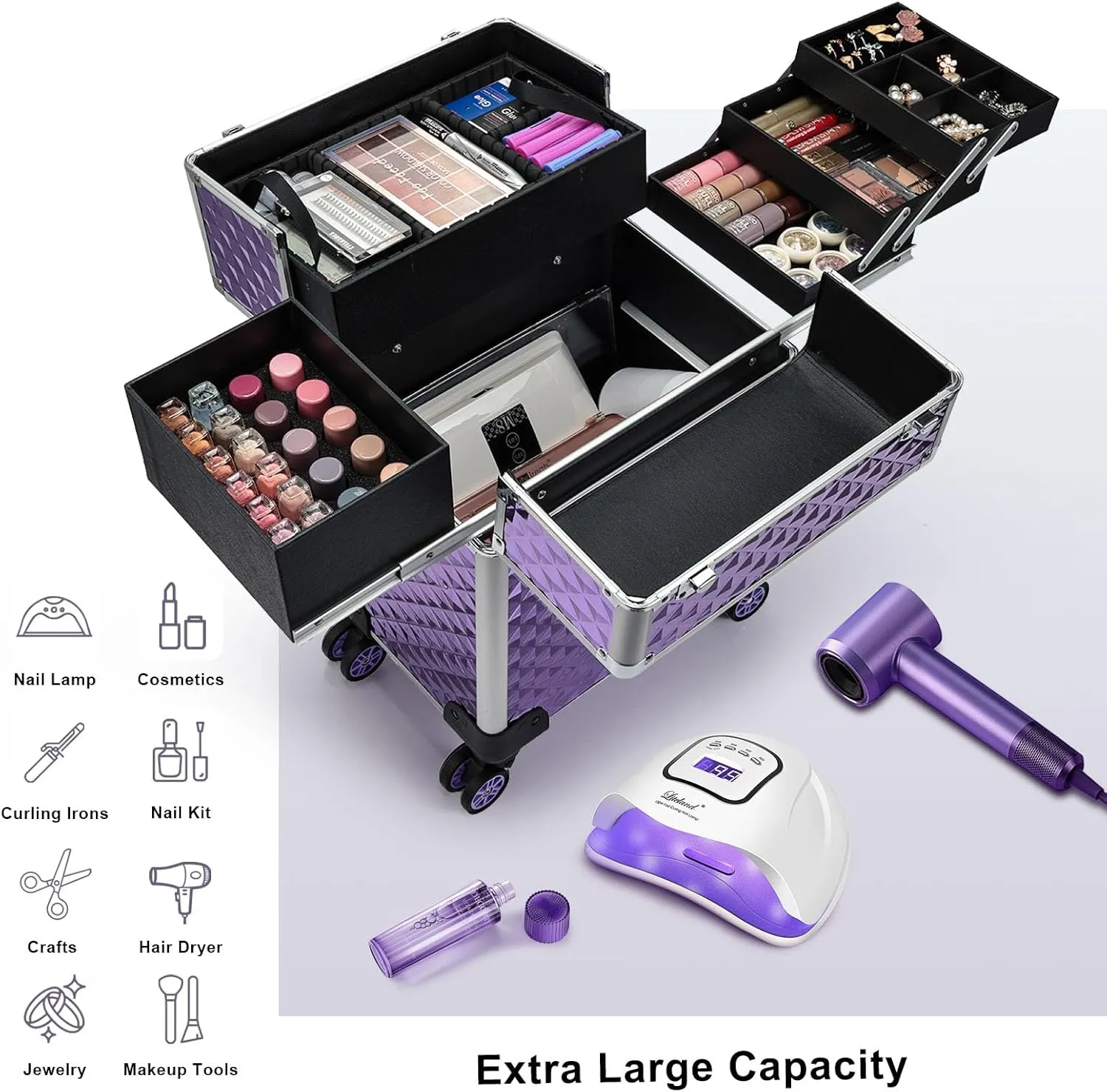 Stagiant Rolling Makeup Train Case Large Storage Cosmetic Trolley 4 Tray with Sliding Rail Removable Middle Layer with Key Swivel Wheels Salon Barber Case Traveling Cart Trunk