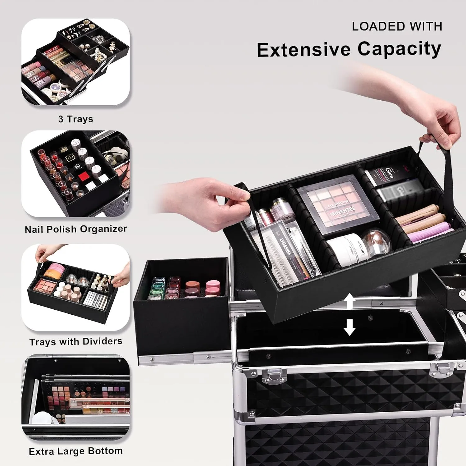 Stagiant Rolling Makeup Train Case Large Storage Cosmetic Trolley 4 Tray with Sliding Rail Removable Middle Layer with Key Swivel Wheels Salon Barber Case Traveling Cart Trunk