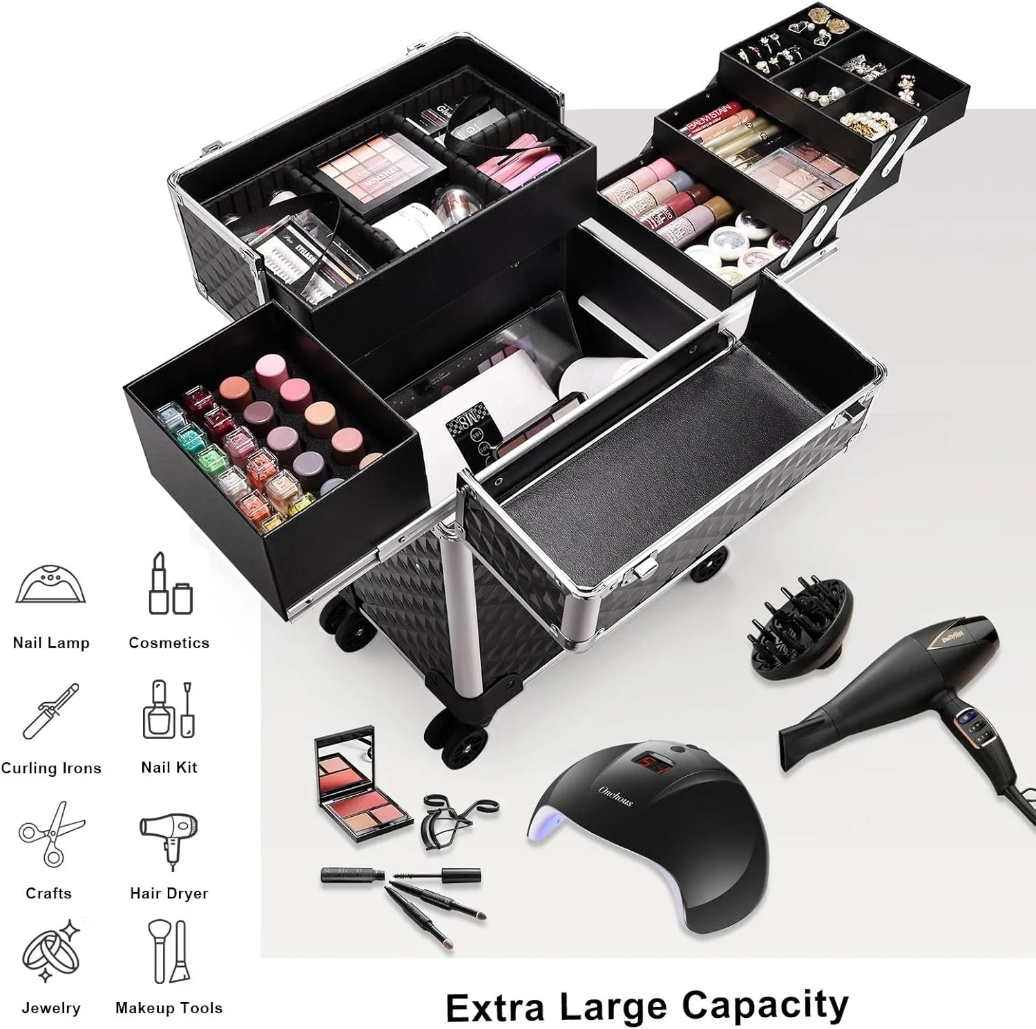 Stagiant Rolling Makeup Train Case Large Storage Cosmetic Trolley 4 Tray with Sliding Rail Removable Middle Layer with Key Swivel Wheels Salon Barber Case Traveling Cart Trunk