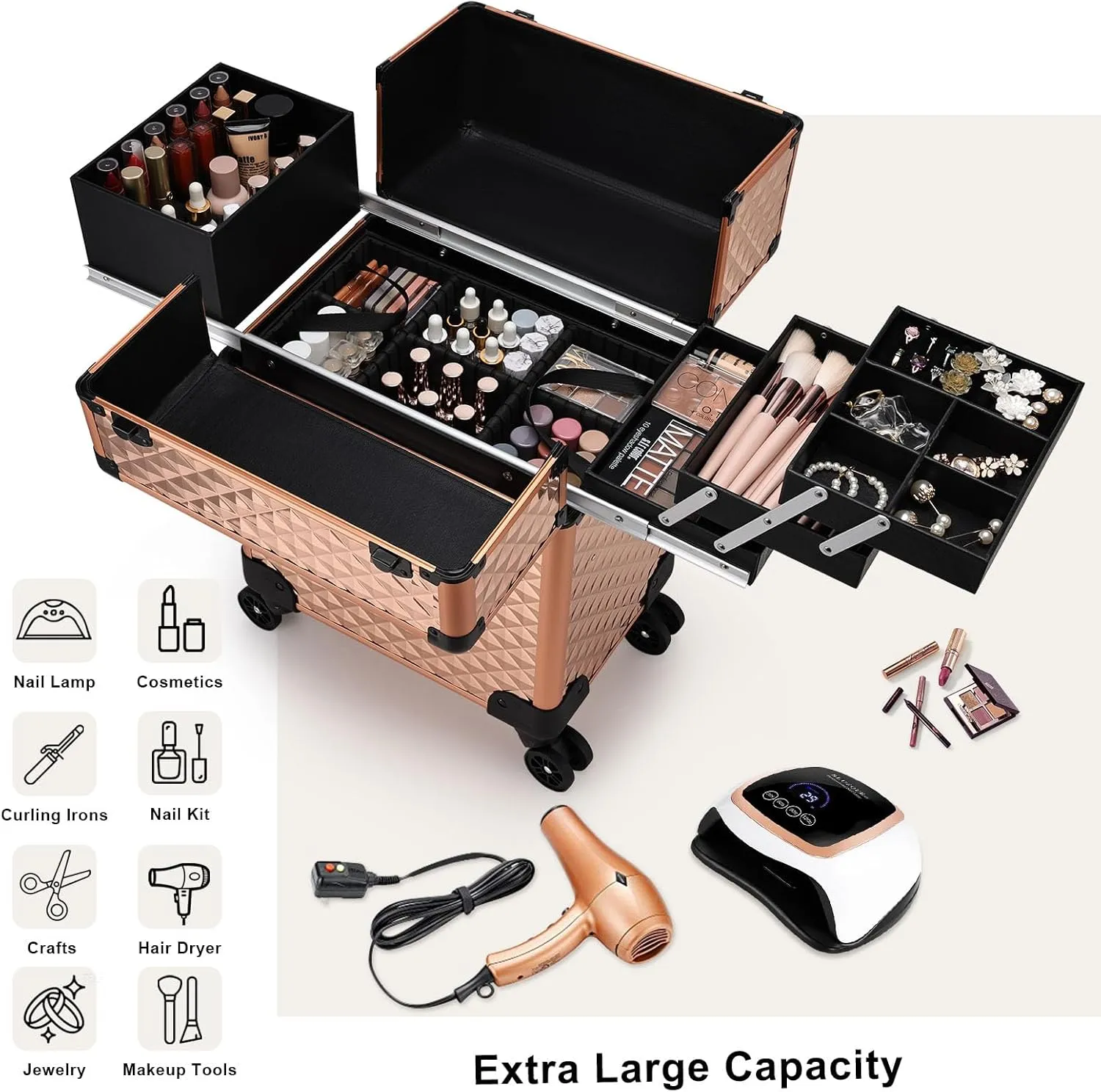 Stagiant Rolling Makeup Train Case Large Storage Cosmetic Trolley 4 Tray with Sliding Rail Removable Middle Layer with Key Swivel Wheels Salon Barber Case Traveling Cart Trunk