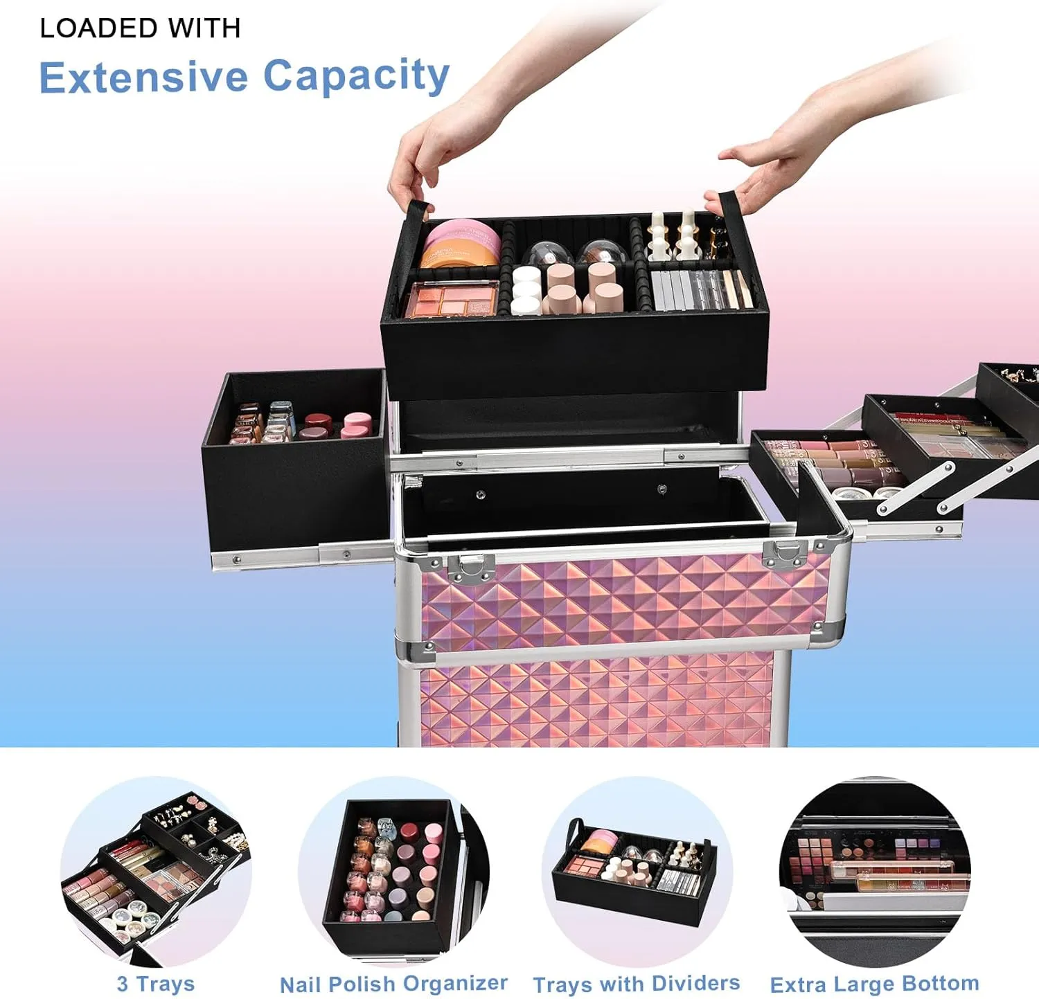 Stagiant Rolling Makeup Train Case Large Storage Cosmetic Trolley 4 Tray with Sliding Rail Removable Middle Layer with Key Swivel Wheels Salon Barber Case Traveling Cart Trunk