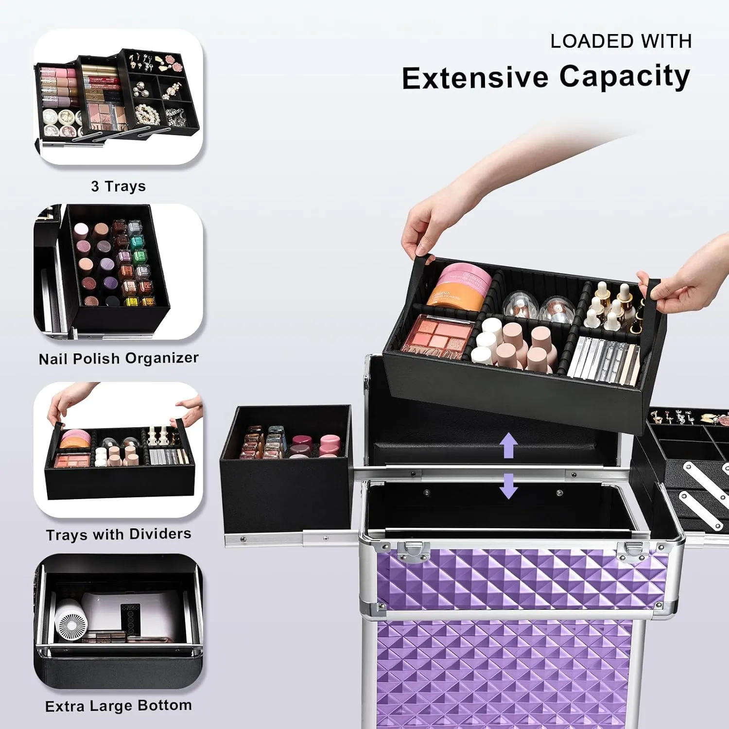 Stagiant Rolling Makeup Train Case Large Storage Cosmetic Trolley 4 Tray with Sliding Rail Removable Middle Layer with Key Swivel Wheels Salon Barber Case Traveling Cart Trunk