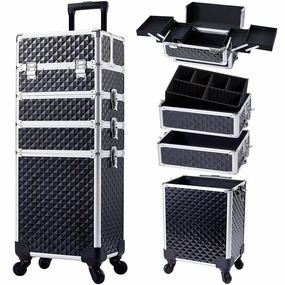 Stagiant Rolling Makeup Case Cosmetology Case on Wheels 4 in 1 Large Cosmetic Organizer Train Case Makeup Travel Case with Key Swivel Wheels Nail Artist Salon Storage Traveling Cart Trunk Black