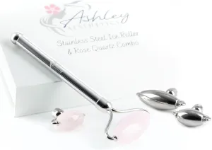 Stainless Steel Ice Roller & Rose Quartz Facial Set | Luxury Skin Care Tools for Lymphatic Drainage, Product Absorption, Skin Tightening, & Relaxation