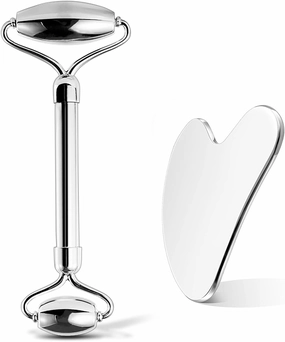 Stainless Steel Facial Roller & Gua Sha,Gua Sha Facial Tools Stainless Steel, GuaSha Tool and Face Roller Set - Metal Face Roller, Facial Tension, Sturdy