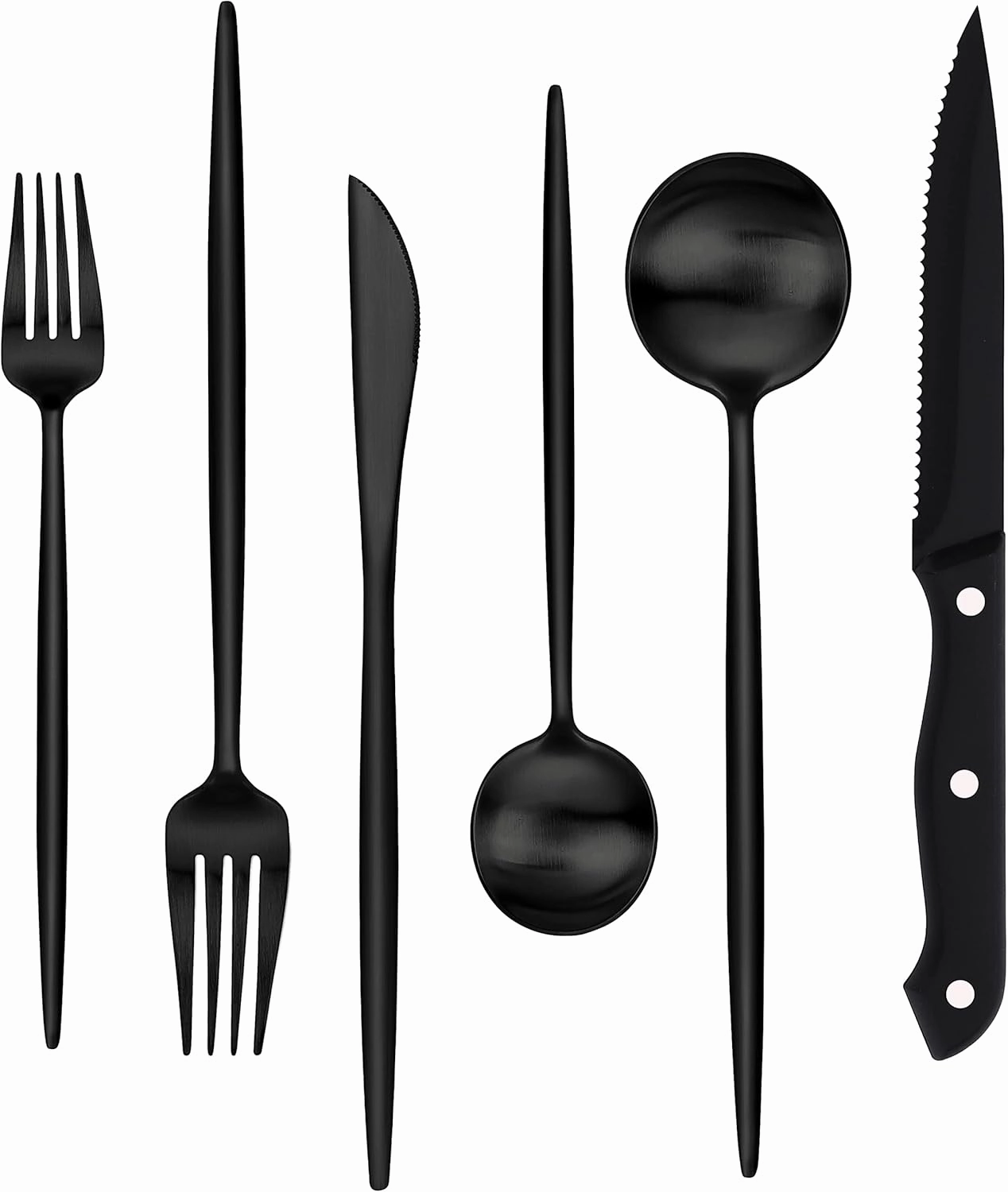 Stapava 48-Piece Matte Black Silverware Set with Steak Knives, Stainless Steel Flatware Set for 8, Satin Finish Tableware Cutlery, Utensil Sets for Home Restaurant Hotel, Dishwasher Safe