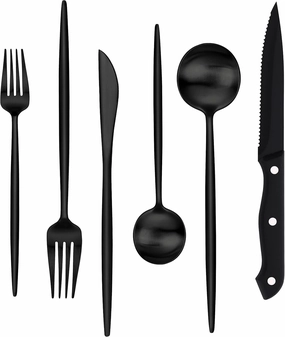 Stapava 48-Piece Matte Black Silverware Set with Steak Knives, Stainless Steel Flatware Set for 8, Satin Finish Tableware Cutlery, Utensil Sets for Home Restaurant Hotel, Dishwasher Safe