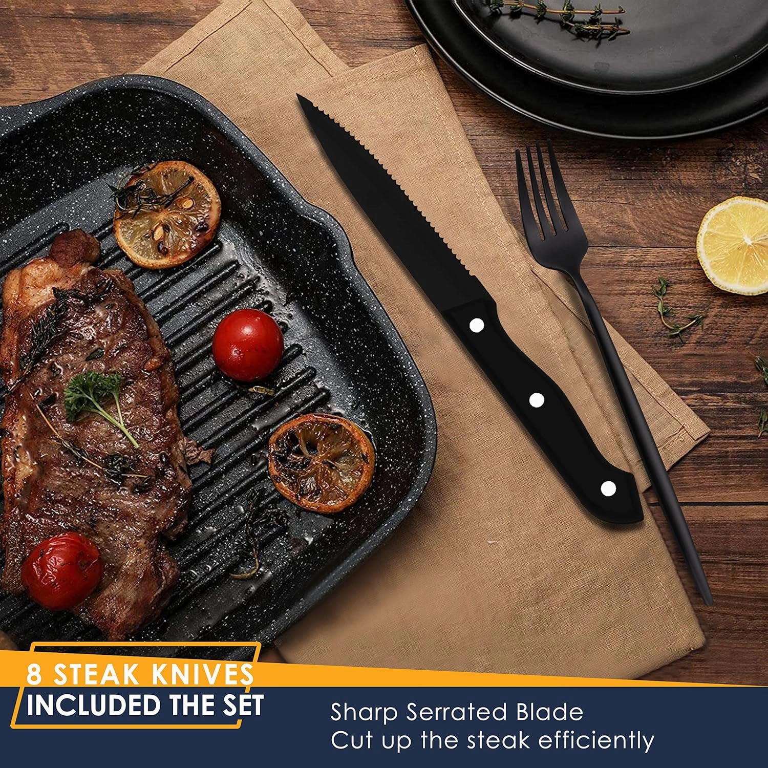 Stapava 48-Piece Matte Black Silverware Set with Steak Knives, Stainless Steel Flatware Set for 8, Satin Finish Tableware Cutlery, Utensil Sets for Home Restaurant Hotel, Dishwasher Safe