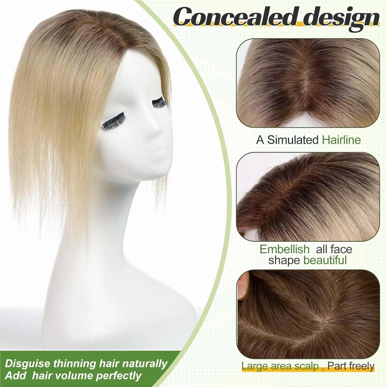 starluck Hair Toppers for Women 100% Real Human Hair, 12 Inch Ombre Light Blonde with Dark Root No Bangs, Pure Hand-Tied Silk Base with 3 Clips in Wiglet Toppers,Human Hair Toppers for Women