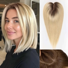 starluck Hair Toppers for Women 100% Real Human Hair, 12 Inch Ombre Light Blonde with Dark Root No Bangs, Pure Hand-Tied Silk Base with 3 Clips in Wiglet Toppers,Human Hair Toppers for Women