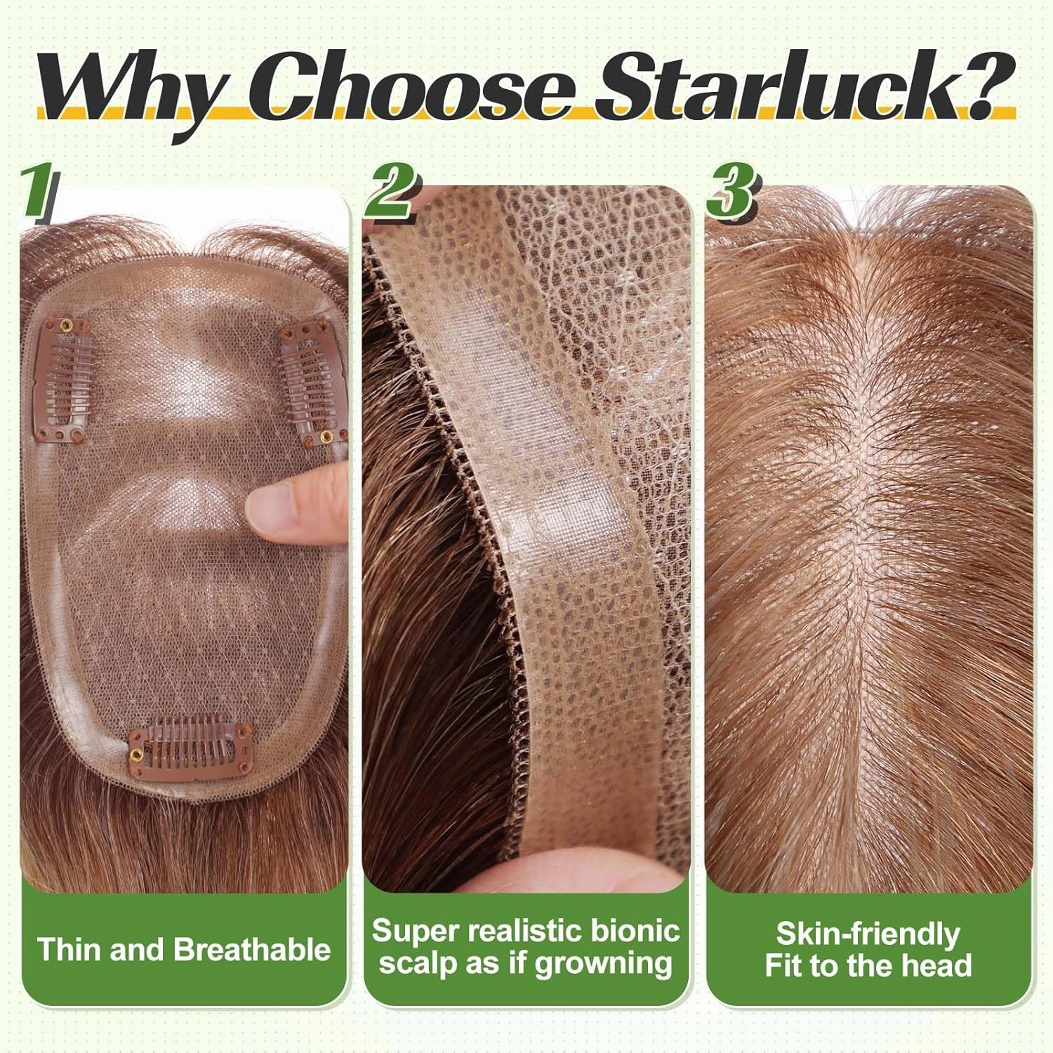 starluck Hair Toppers for Women 100% Real Human Hair, 12 Inch Ombre Light Brown with Dark Root With Bangs, Pure Hand-Tied Silk Base with 3 Clips in Wiglet Toppers,Human Hair Toppers for Women