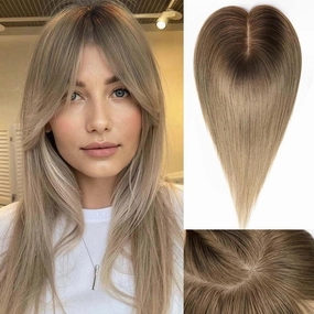 starluck Hair Toppers for Women 100% Real Human Hair, 12 Inch Ombre Light Brown with Dark Root With Bangs, Pure Hand-Tied Silk Base with 3 Clips in Wiglet Toppers,Human Hair Toppers for Women