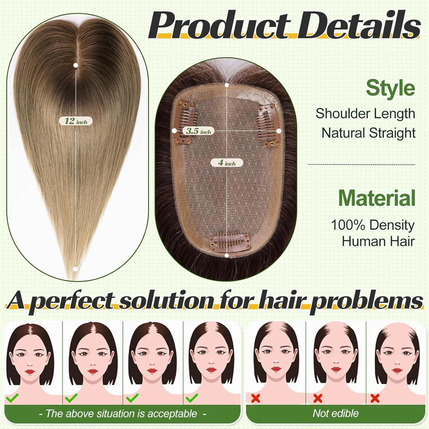 starluck Hair Toppers for Women 100% Real Human Hair, 12 Inch Ombre Light Brown with Dark Root With Bangs, Pure Hand-Tied Silk Base with 3 Clips in Wiglet Toppers,Human Hair Toppers for Women