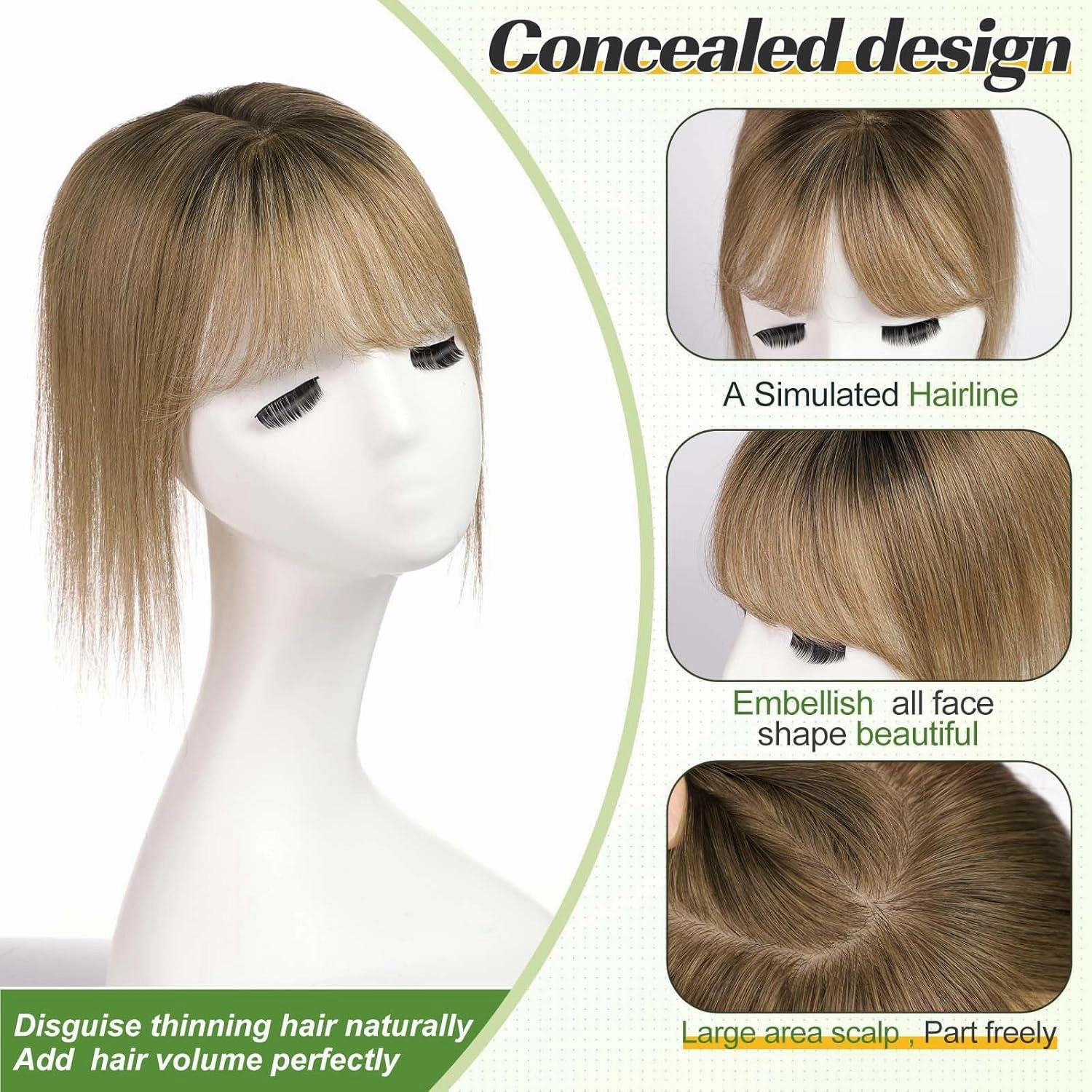 starluck Hair Toppers for Women 100% Real Human Hair, 12 Inch Ombre Light Brown with Dark Root With Bangs, Pure Hand-Tied Silk Base with 3 Clips in Wiglet Toppers,Human Hair Toppers for Women