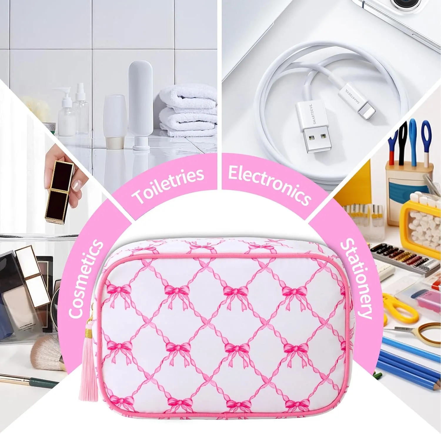 Stripe Makeup Bag Travel Cosmetic Bag Organizer Tassel Toiletry Bag Large Canvas Zipper Pouch and Accessories Storage Bag for Women