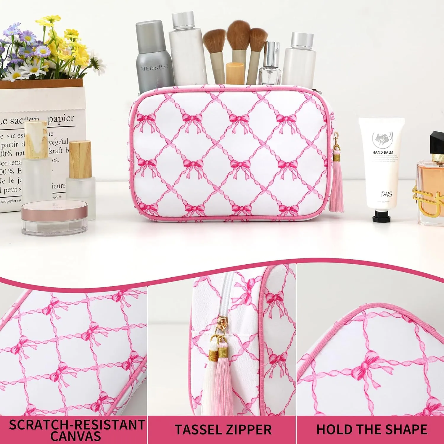 Stripe Makeup Bag Travel Cosmetic Bag Organizer Tassel Toiletry Bag Large Canvas Zipper Pouch and Accessories Storage Bag for Women