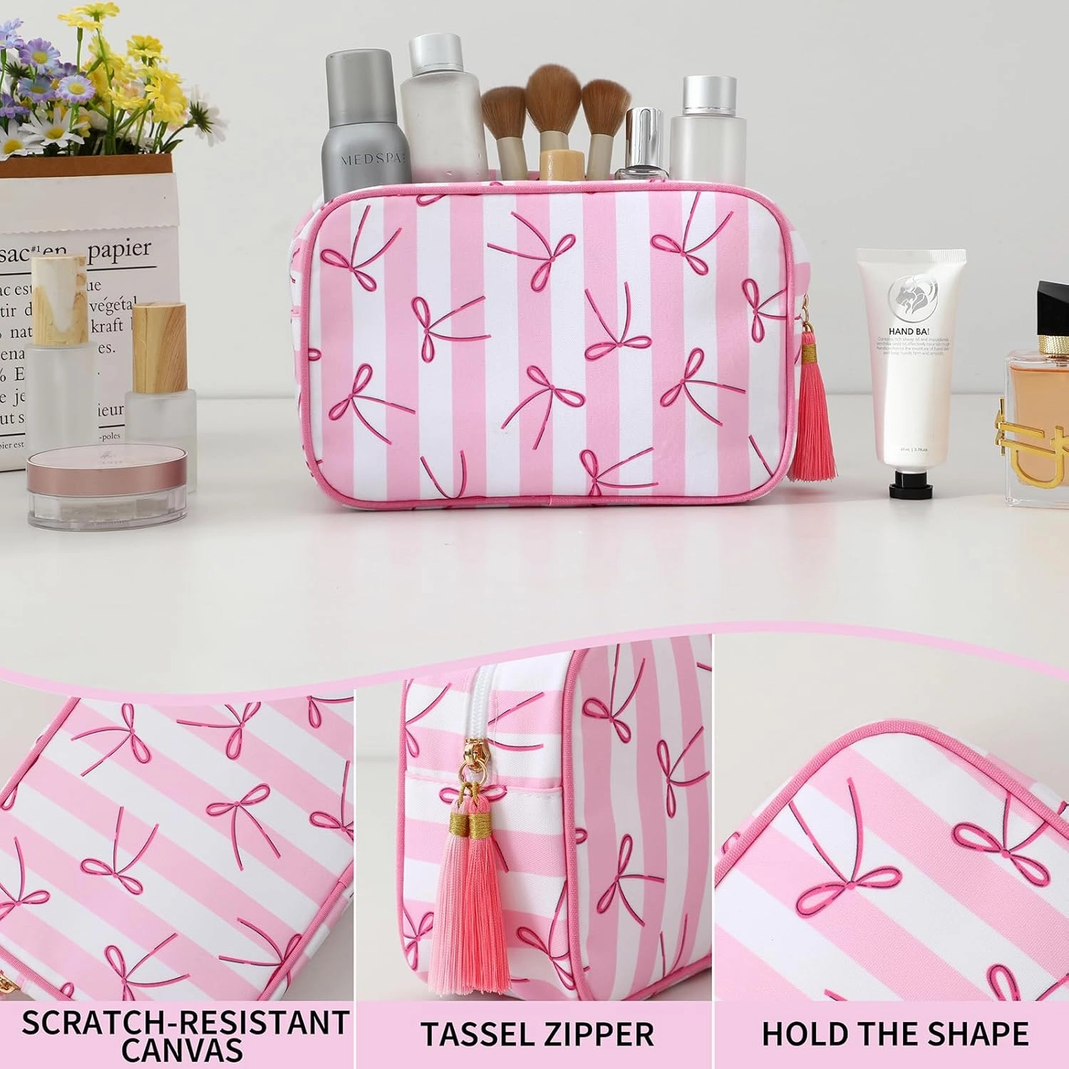 Stripe Makeup Bag Travel Cosmetic Bag Organizer Tassel Toiletry Bag Large Canvas Zipper Pouch and Accessories Storage Bag for Women