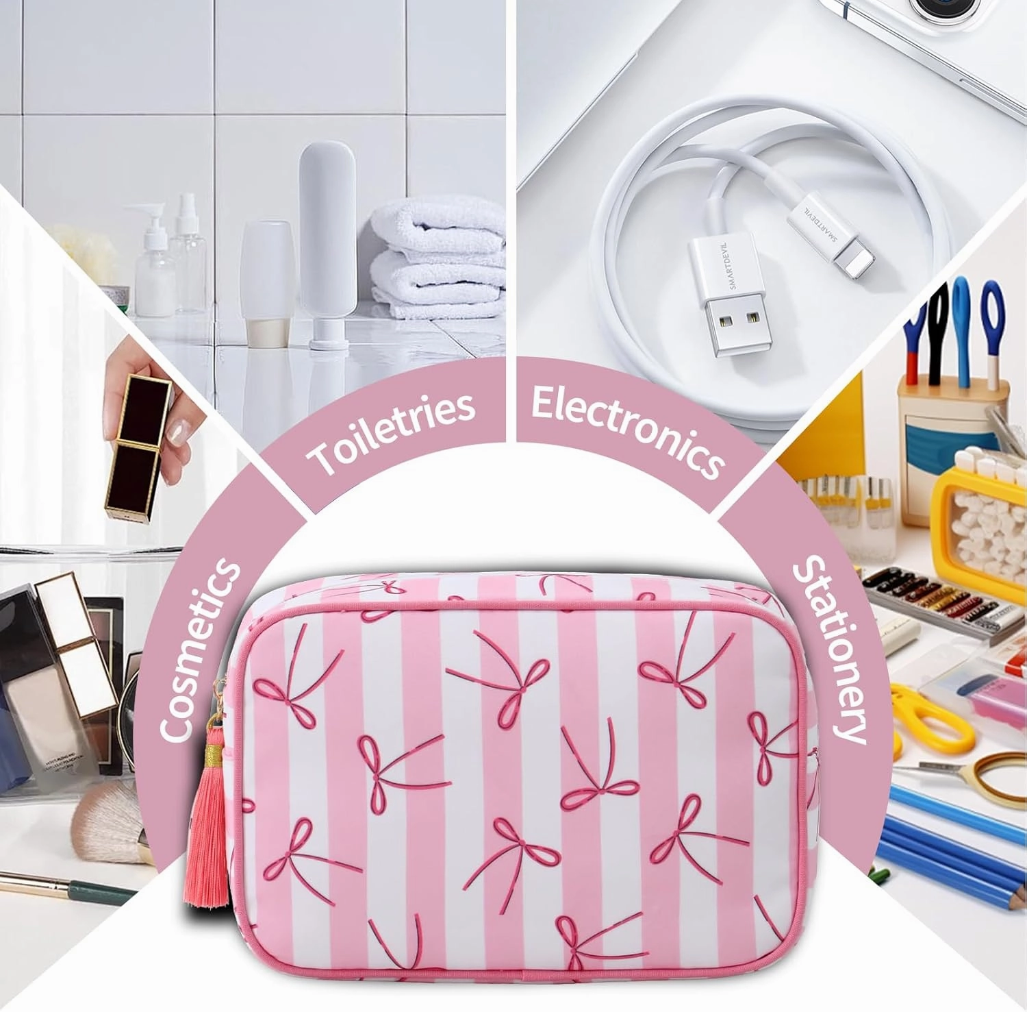 Stripe Makeup Bag Travel Cosmetic Bag Organizer Tassel Toiletry Bag Large Canvas Zipper Pouch and Accessories Storage Bag for Women