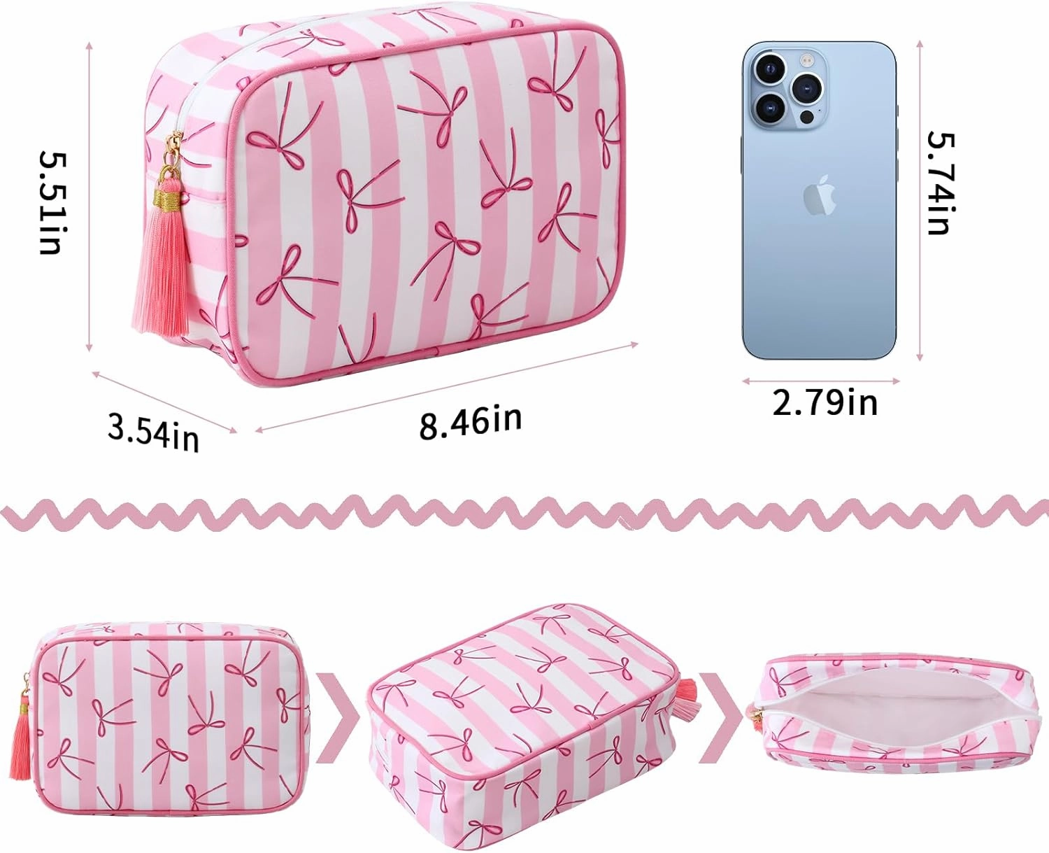 Stripe Makeup Bag Travel Cosmetic Bag Organizer Tassel Toiletry Bag Large Canvas Zipper Pouch and Accessories Storage Bag for Women