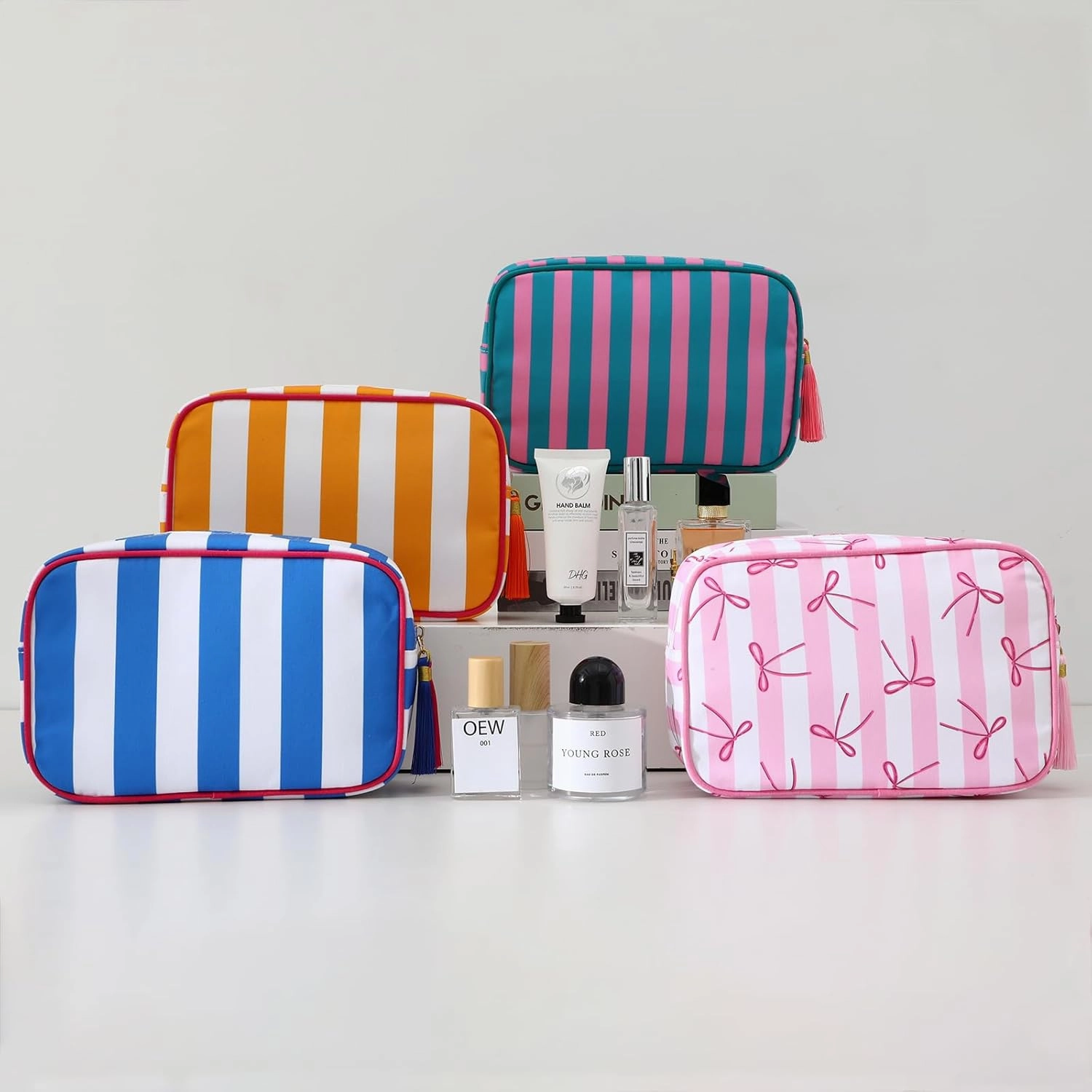 Stripe Makeup Bag Travel Cosmetic Bag Organizer Tassel Toiletry Bag Large Canvas Zipper Pouch and Accessories Storage Bag for Women