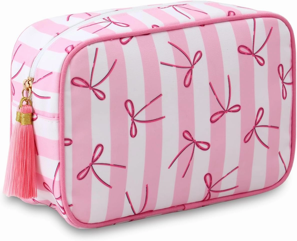 Stripe Makeup Bag Travel Cosmetic Bag Organizer Tassel Toiletry Bag Large Canvas Zipper Pouch and Accessories Storage Bag for Women