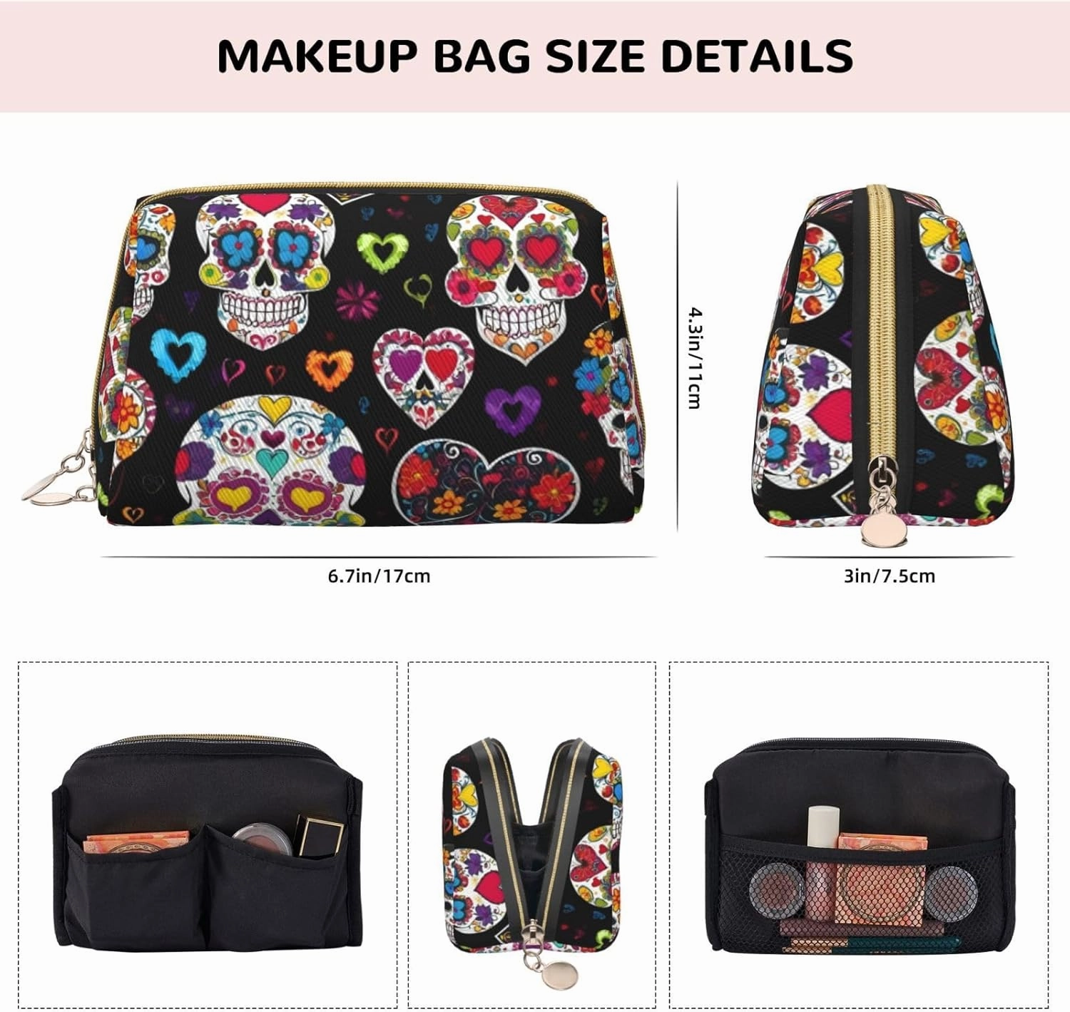 Sugar Skulls Toiletry Pouch, Travel-Friendly Makeup Organizer For Makeup Brushes, Lipsticks