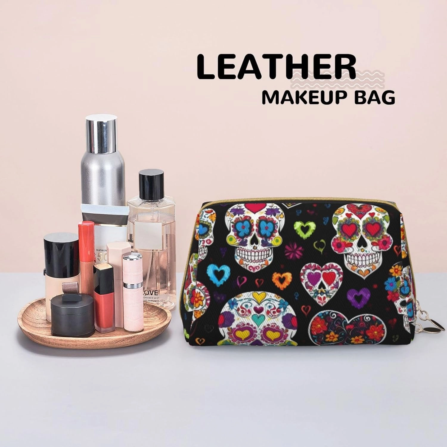 Sugar Skulls Toiletry Pouch, Travel-Friendly Makeup Organizer For Makeup Brushes, Lipsticks