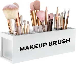 Suli Large Makeup Brush Holder Organizer, Wooden Cosmetic Brushes Storage with 3 Slots, Eyeliners Display Case for Vanity Desktop Bathroom Countertop -White