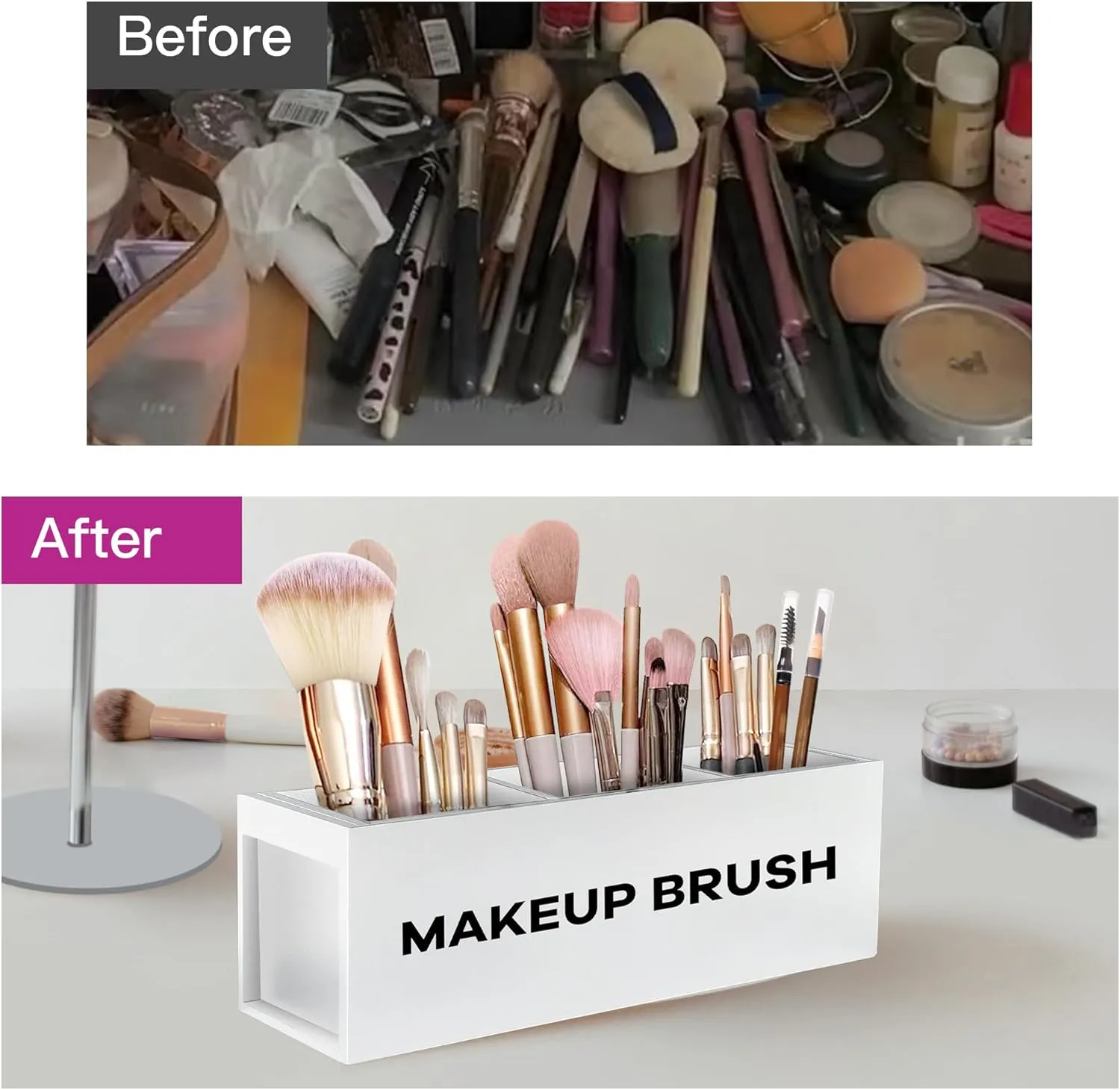 Suli Large Makeup Brush Holder Organizer, Wooden Cosmetic Brushes Storage with 3 Slots, Eyeliners Display Case for Vanity Desktop Bathroom Countertop -White