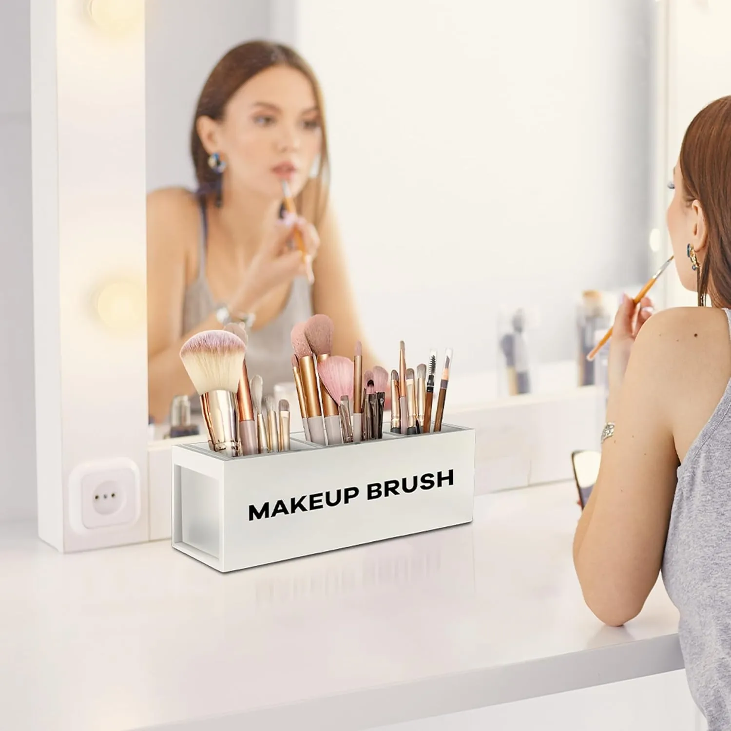 Suli Large Makeup Brush Holder Organizer, Wooden Cosmetic Brushes Storage with 3 Slots, Eyeliners Display Case for Vanity Desktop Bathroom Countertop -White
