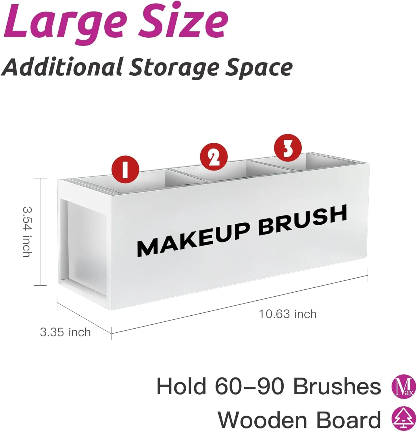 Suli Large Makeup Brush Holder Organizer, Wooden Cosmetic Brushes Storage with 3 Slots, Eyeliners Display Case for Vanity Desktop Bathroom Countertop -White