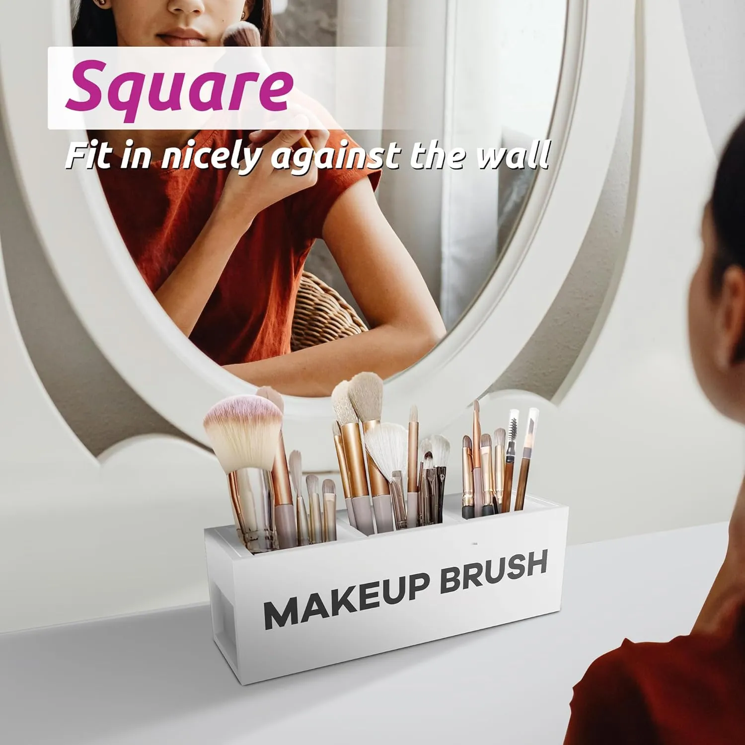 Suli Large Makeup Brush Holder Organizer, Wooden Cosmetic Brushes Storage with 3 Slots, Eyeliners Display Case for Vanity Desktop Bathroom Countertop -White