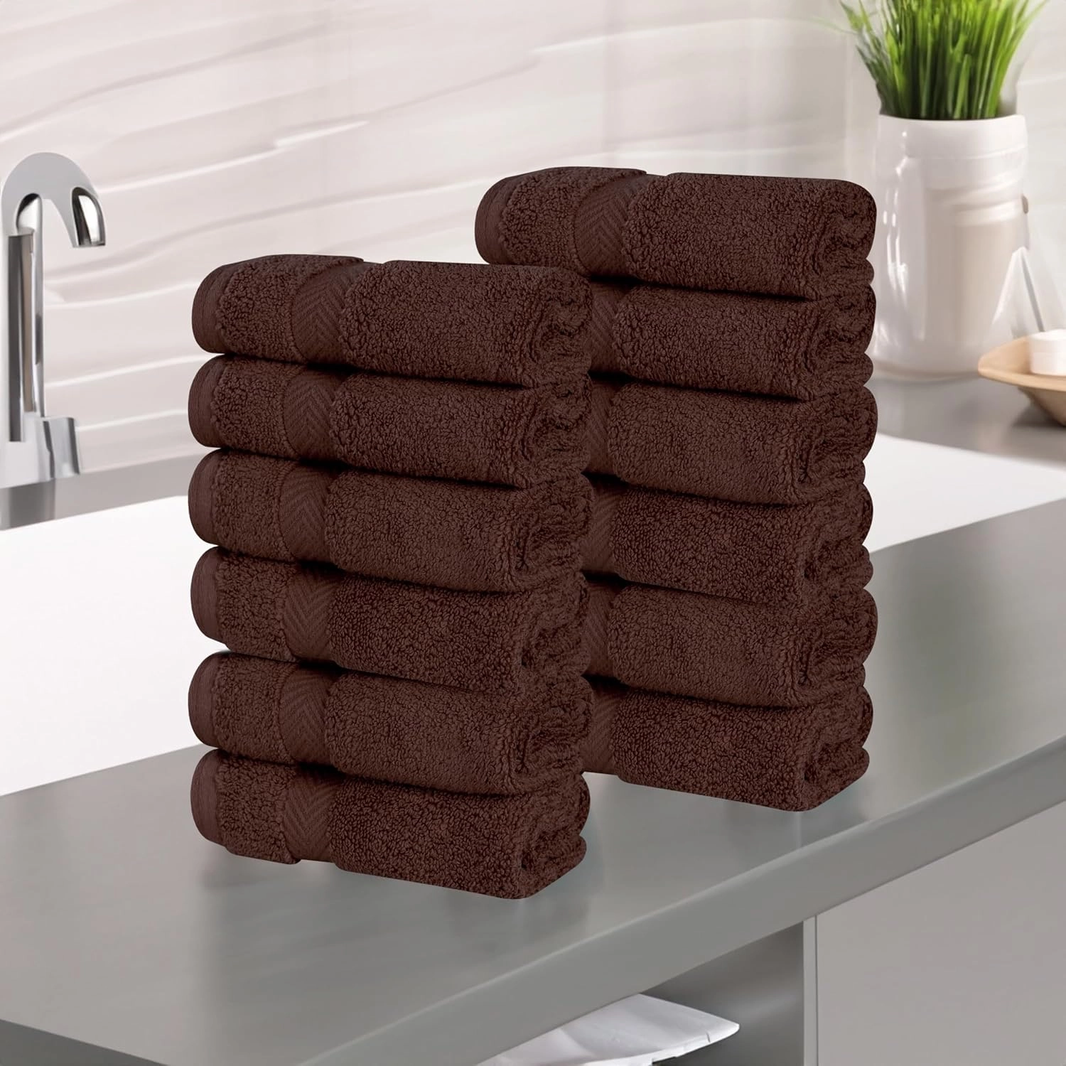 Superior Cotton Face Towel/Washcloth Set, Small Facial Towels, Spa, Hotel, Guest, Home, Bathroom Basics, Plush Soft Absorbent, Luxury Quick Drying, Zero Twist Collection, Set of 12, Espresso